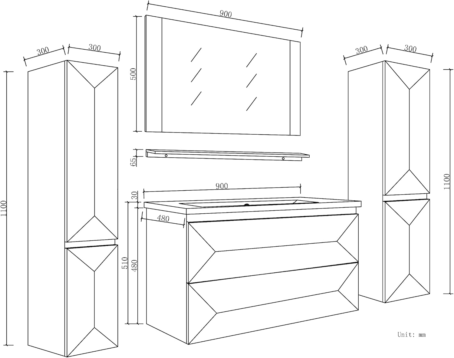 Faizee Möbel Miran Hochglanz Badmöbel Set mit Spiegel & Keramik-Waschbecken – Modernes 6-teiliges Badezimmer Set mit Soft-Close Unterschrank & 2 Seitenschränken (Miran Weiß, 60 cm (Unterschrank))
