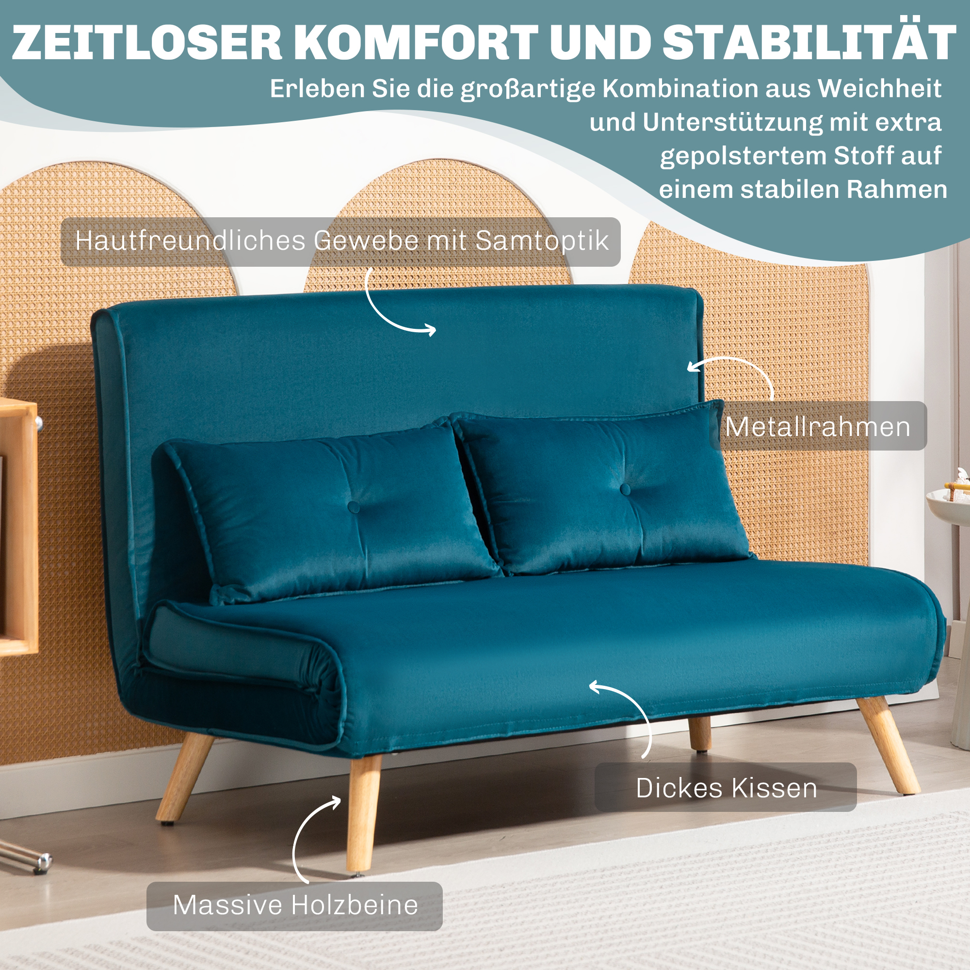 2-Zits Slaapbank, Bedbank, in Bed om te Toveren Couch, Verstelbare Rugleuning, Stofbekleding, Metalen Frame, Groen