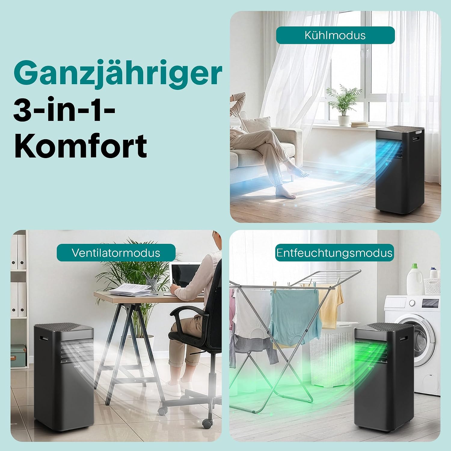 SereneLife Schwarz Mobiles Klimagerät 9000 BTU 2,64kW für 28 m² – Air Conditioner mit Abluftschlauch, 3-in-1 mit Entfeuchter und Ventilator, Leise 54 dB, inkl. Fensterkit und Fernbedienung