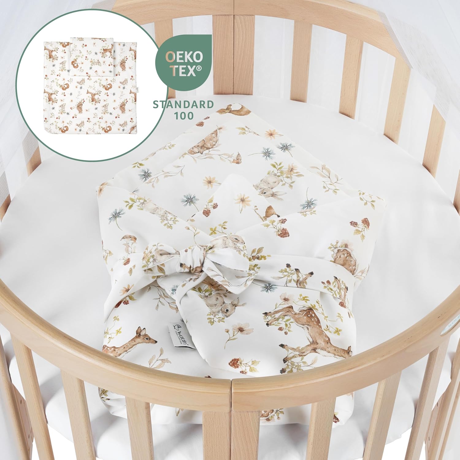 Waldin Oval Baby-Bett Mitwachsend Komplett Set 7in1, Gitterbett, Kinderbett mit Matratze, Wickelkommode, Beistellbett, Holz Weiß