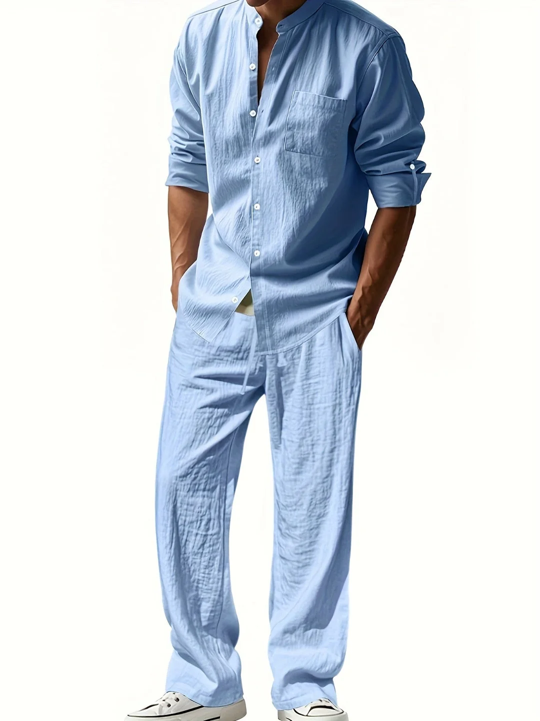 Leinen Set Herren | Luftiges Sommer Set aus atmungsaktivem Leinen mit Stehkragen Hemd und Relaxed Fit Hose f��r den Urlaub