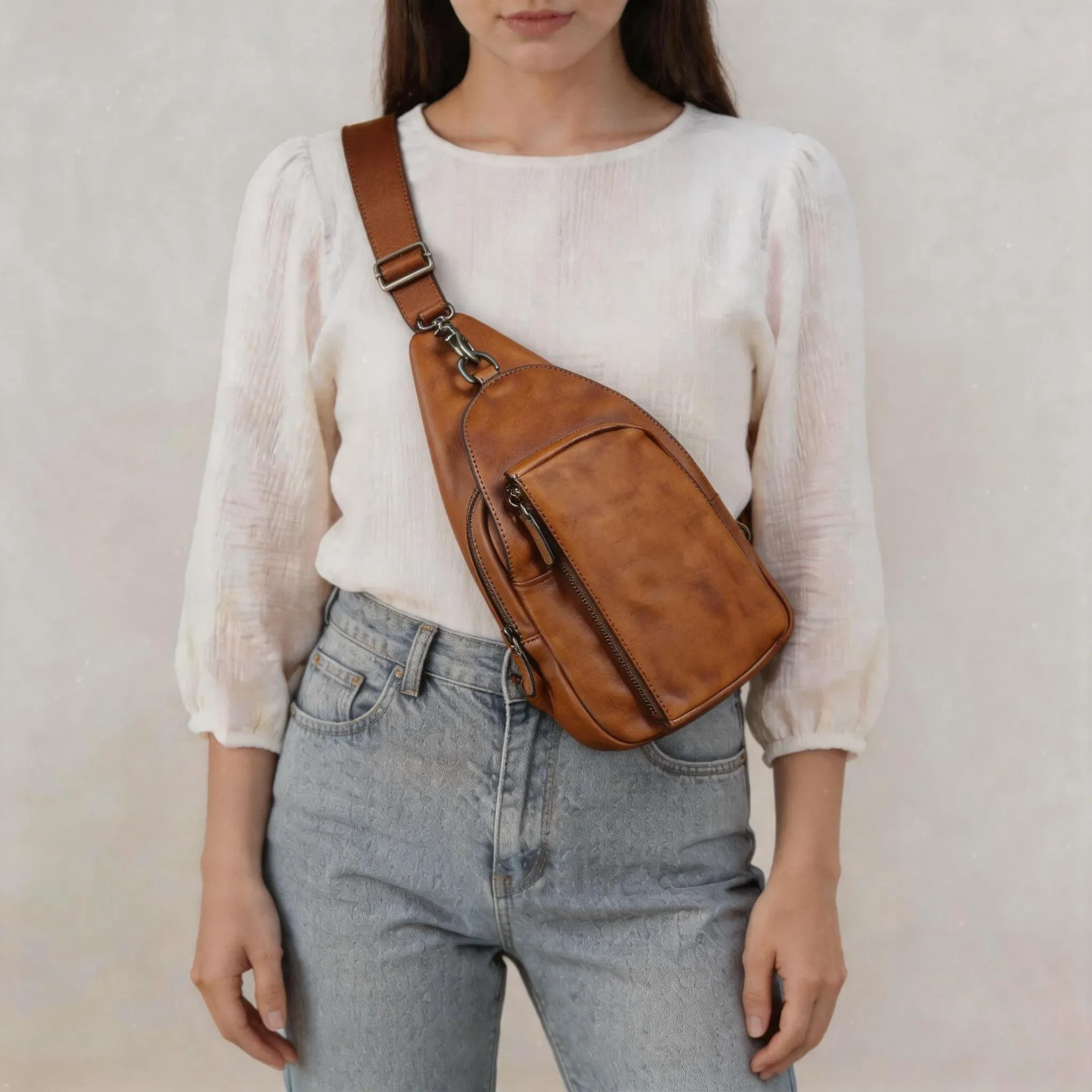 Full Grain Leather Sling Bag Zipper Chest Shoulder Purse