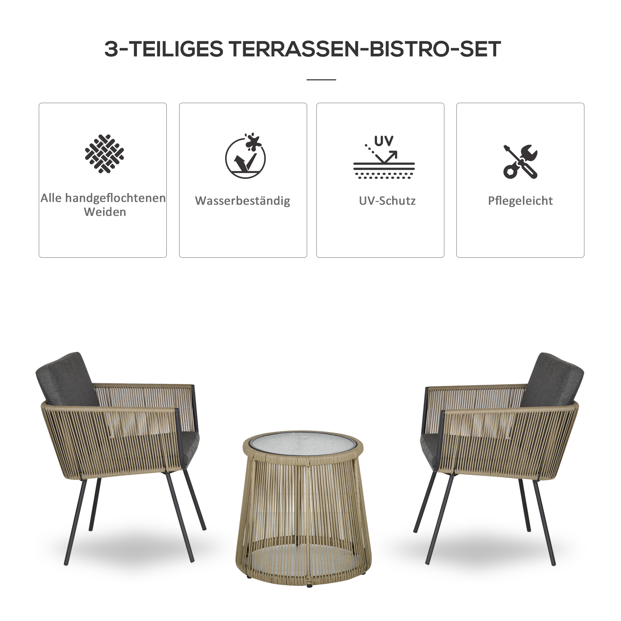 3-delige loungeset, 2 stoelen, bijzettafel, zit- en rugkussens, gehard glazen tafelblad, kunstrotan, grijs