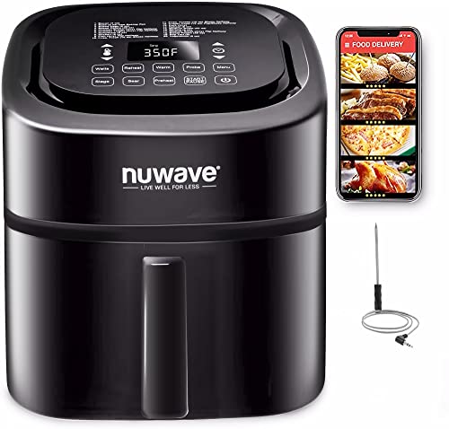 Nuwave Brio 8 Qt Air Fryer, Powerful 1800W, Easy to Read Cool White Display, 50° 400°F Temp Controls, 100 Pre Programmed Presets & 50 Memory Slots, Integrated Smart Thermometer, Linear T Technology