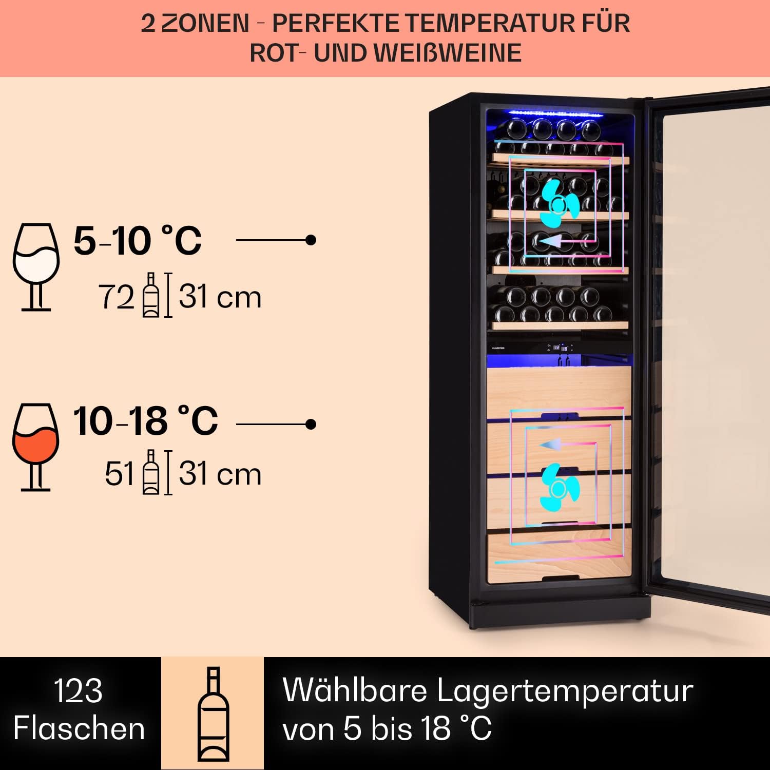 Klarstein Weinkühlschrank, Getränkekühlschrank Schmal, 2 Zonen Kühlschrank mit Glastür, Getränkekühlschränke Freistehend, Weinkühlschrank Klein, Weinkühlschränke mit UV-Schutz, 5-18°C, 123 Flaschen