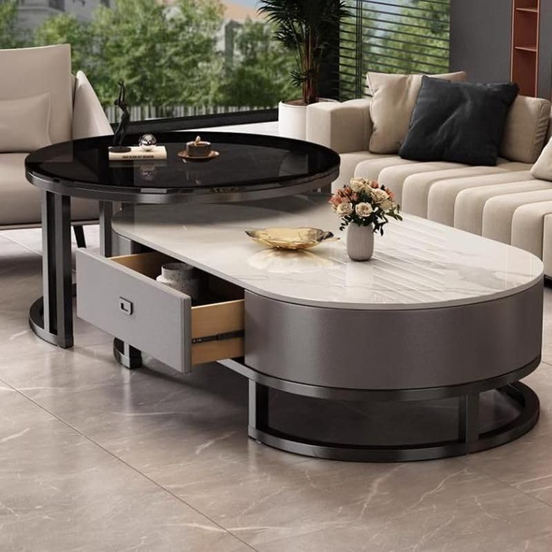 Ovaler Couchtisch aus Stein, 2er-Set, Wohnzimmer-Mitteltisch mit Schublade, Beistelltisch aus Glas, Schwarz/Grau – Grau, (99,9 cm L x 49,9 cm B x 40,6 cm H) + (69,9 cm L x 69,9 cm B x 45,7 cm H)