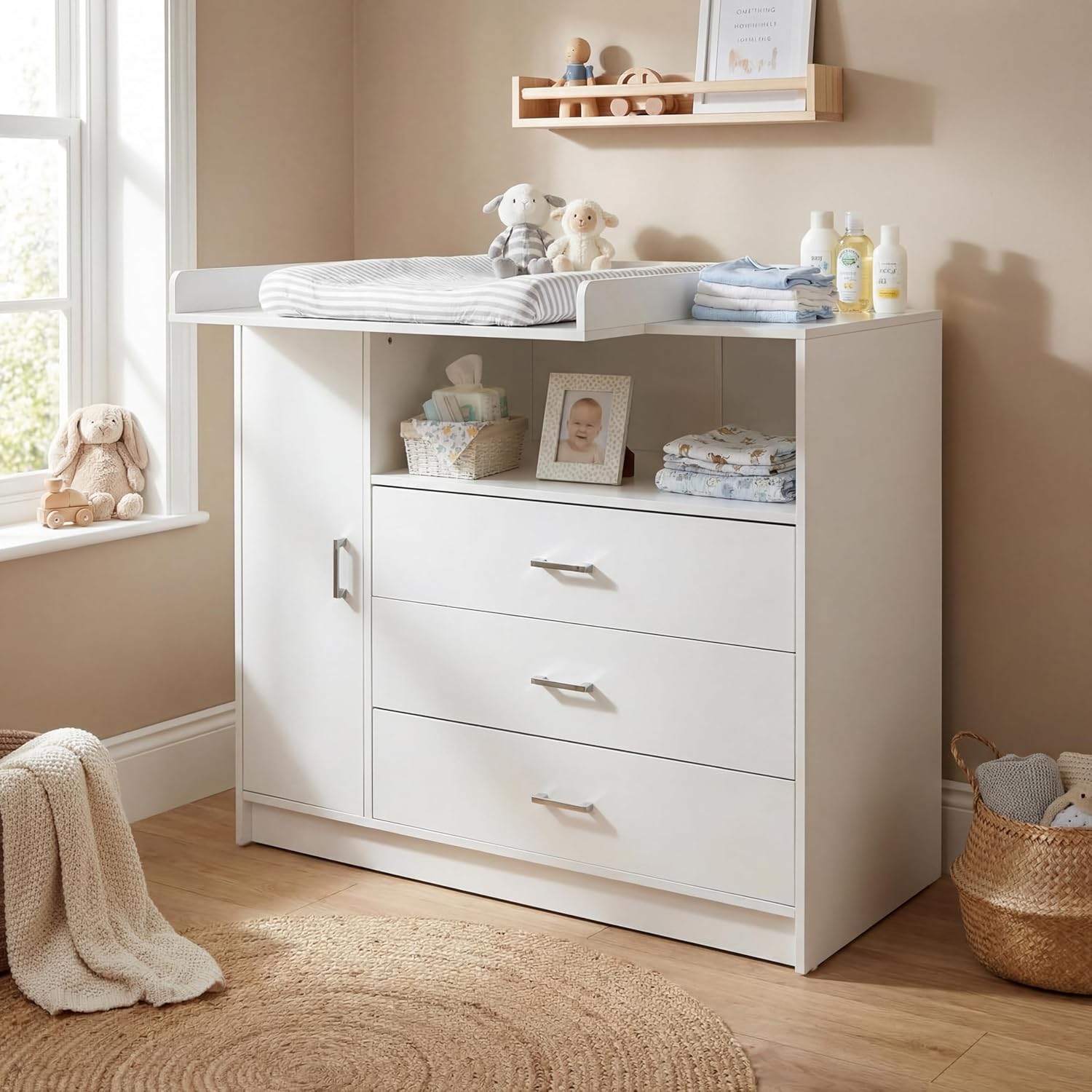 ecomi Cómoda Cambiador para bebé en Madera con Plan de Cambiar, 3 cajones, 1 puerta, Altura 100 cm, Color Blanco, Dimensiones 113x100 cm, tiradores cromados