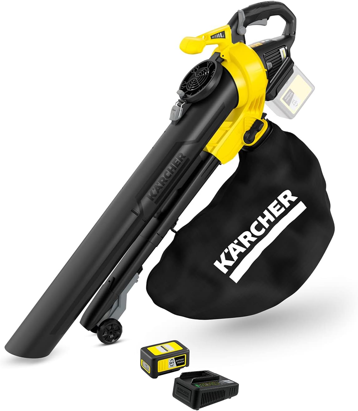 Kärcher 18 V Akku-Laubbläser und -sauger BLV 18-200 Battery Set, inkl. 18 V/2,5 Ah Akku und Schnellladegerät, mit Mulchfunktion, Luftgeschwindigkeit: 200 km/h, Fangsackvolumen: 45 l, Gewicht: 3,5 kg