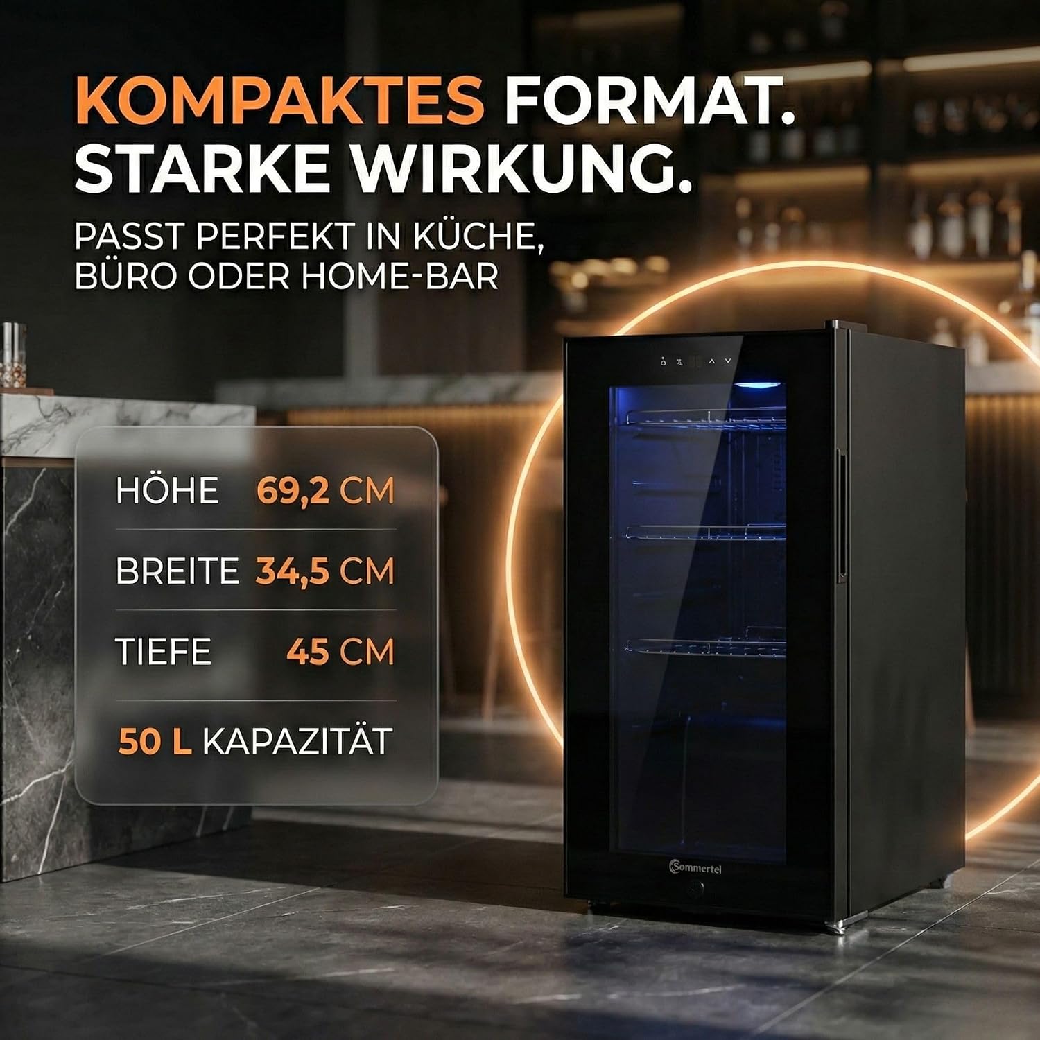 Sommertal Getränkekühlschrank 50L – Mini Kühlschrank schwarz mit Glastür, Touchscreen & LED | Kleiner Flaschenkühlschrank abschließbar & leise für Büro, Zuhause, Bar, Kellerbar & Minibar