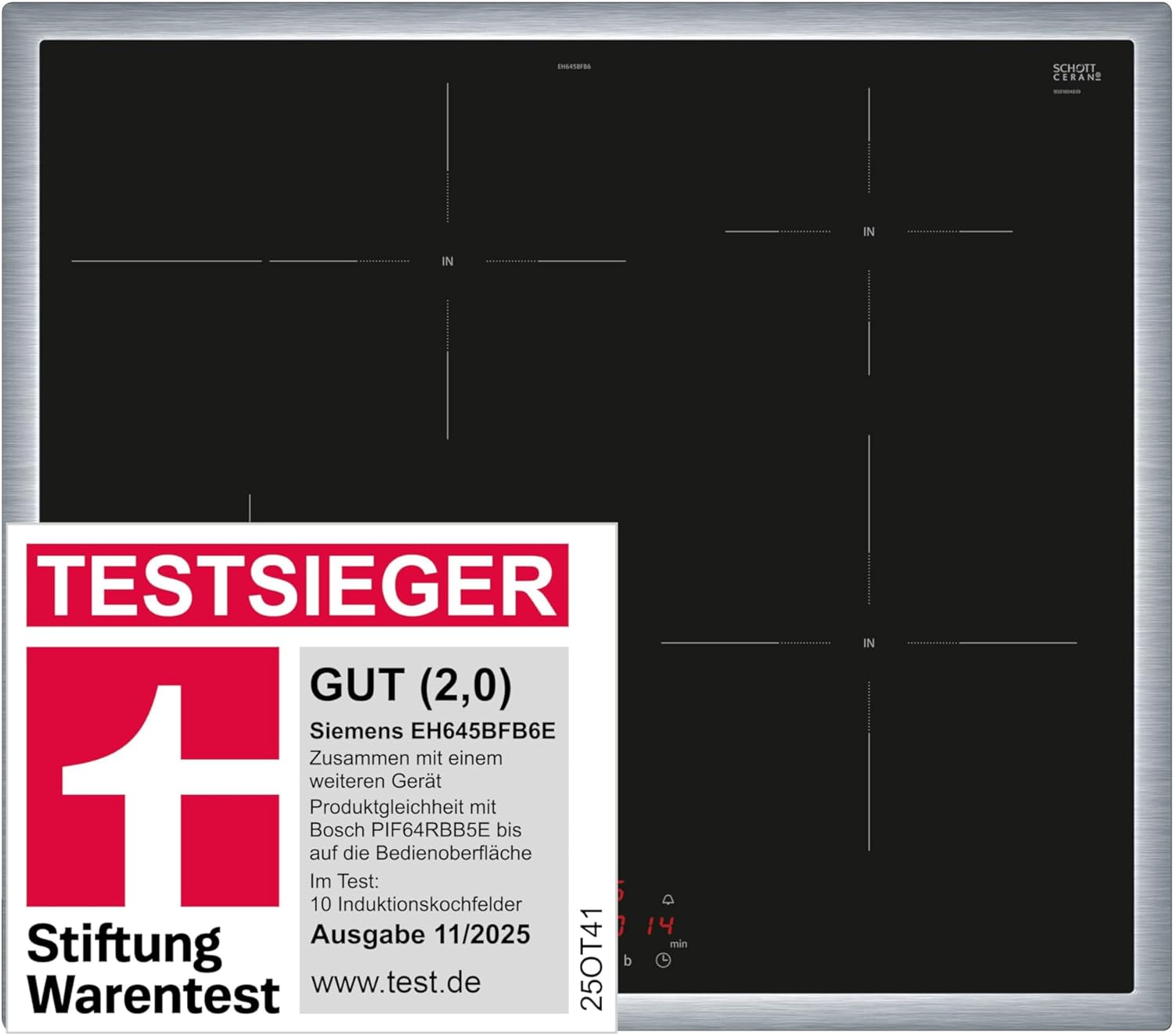 Siemens EH645BFB6E, Stiftung Warentest Testsieger*, iQ300, Induktionskochfeld, 60 cm, Schwarz, Mit Rahmen aufliegend, TouchControl, powerBoost, Timer, Kindersicherung
