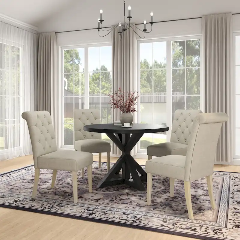5 Piece Dining Table Set, Wooden Kitchen Furniture Set, Round Table with Cross-Buck Pedestal Base and 4 Tufted Chairs