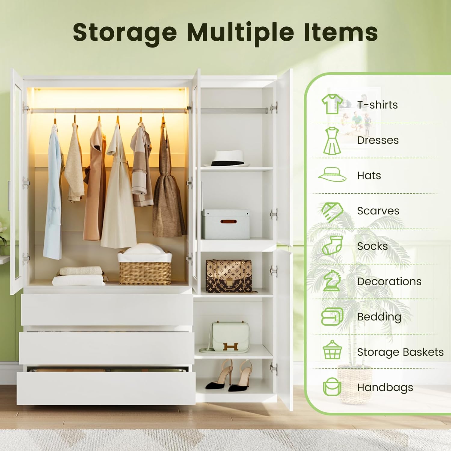 Dripex Vier Tore Schrank, Minimalistischer Wardrobe Closet mit Einer Kleiderstange und 3 Schubladen | 120 x 48 x 180cm | Weiß, Kleiderschrank für Schlafzimmer Kleiderschränke