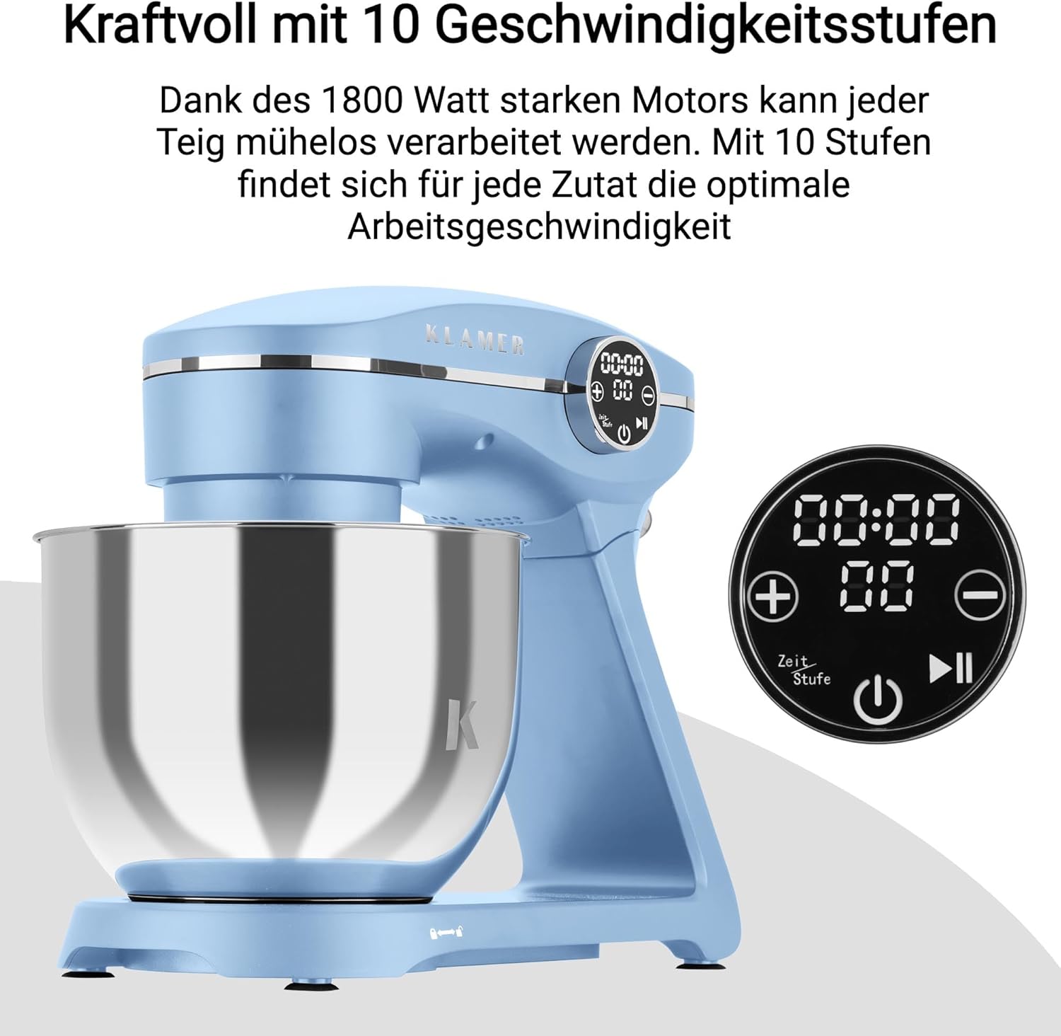 KLAMER Küchenmaschine 1800W, Knetmaschine Brotteig mit Edelstahl-Rührschüssel 6 L, 10 Stufen mit Timer, Planetenrührwerk, Rührbesen, Knethaken, Schneebesen & Sichtdeckel (schwarz)