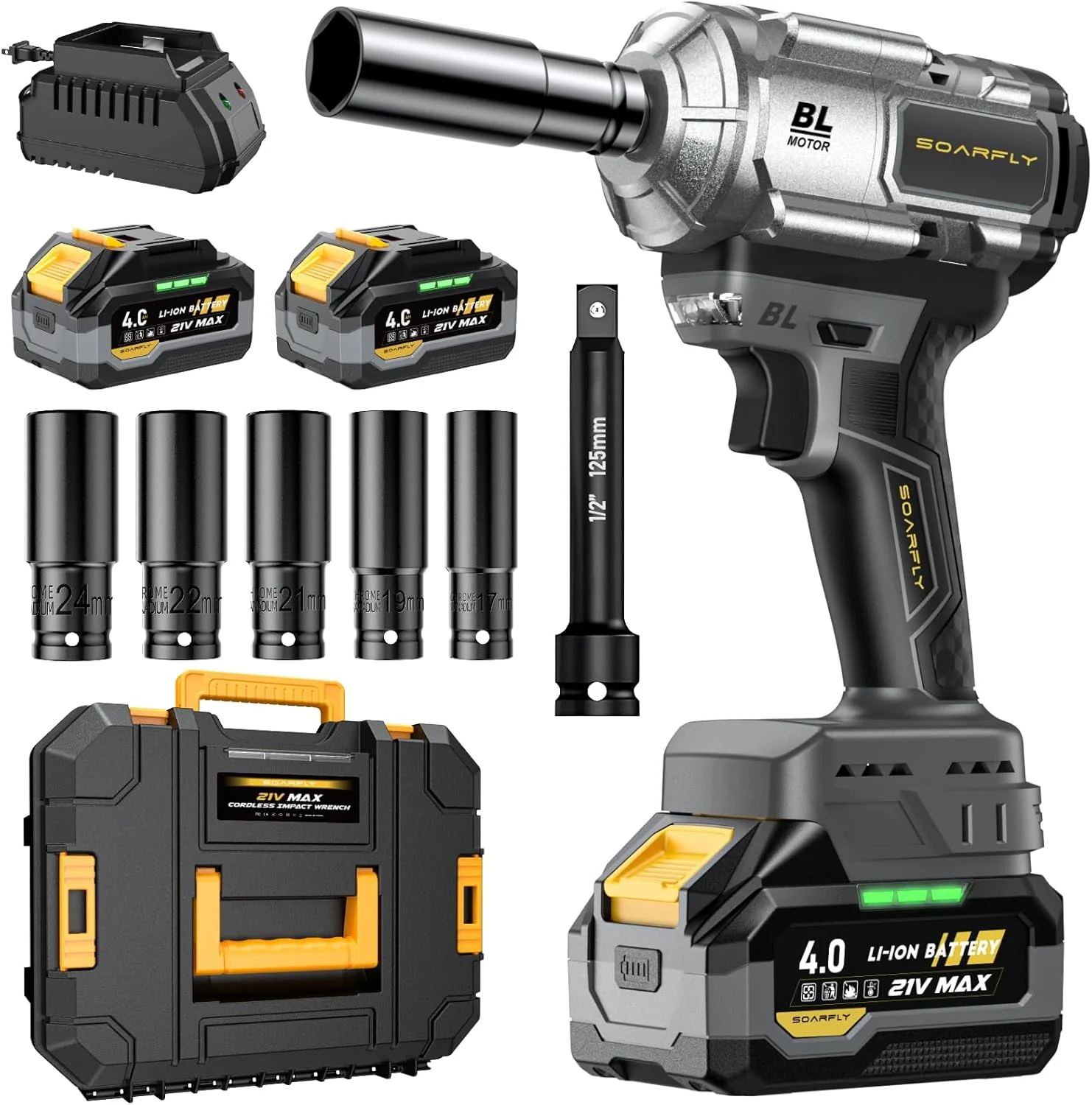 Cordless Impact Wrench, 1200Nm(900ft-lbs) High Torque 1/2'' Impact Wrench, 21V Brushless Electric Impact Gun with 2Pcs 4.0Ah Batteries, 1 Hour Fast Charger, 5 Sockets, Power Impact Driver for Car Home