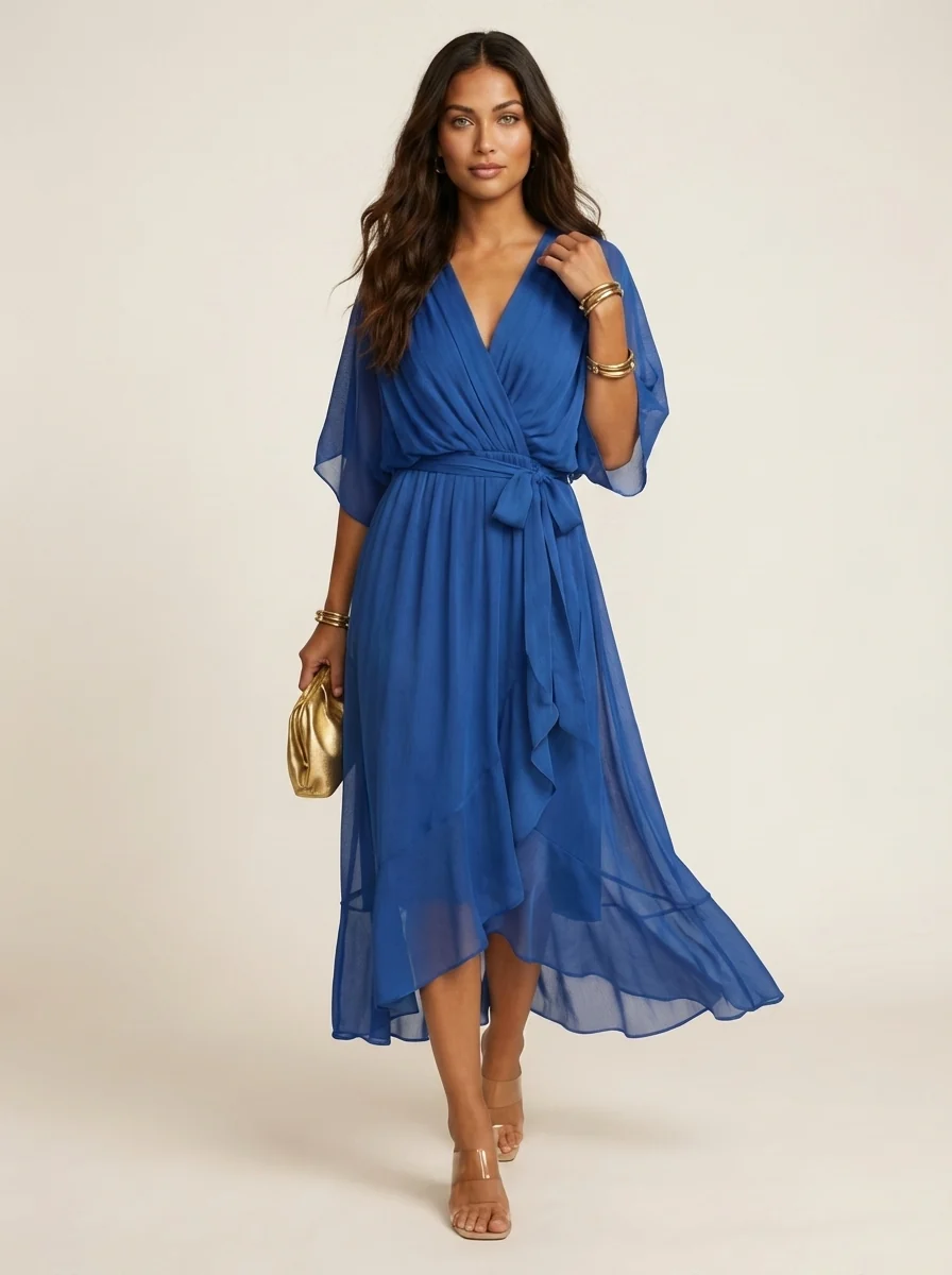 Damen Midi-Wickelkleid mit V-Ausschnitt | Flie?endes Kleid mit Bindeg��rtel und asymmetrischem Saum f��r Freizeit und Anl?sse