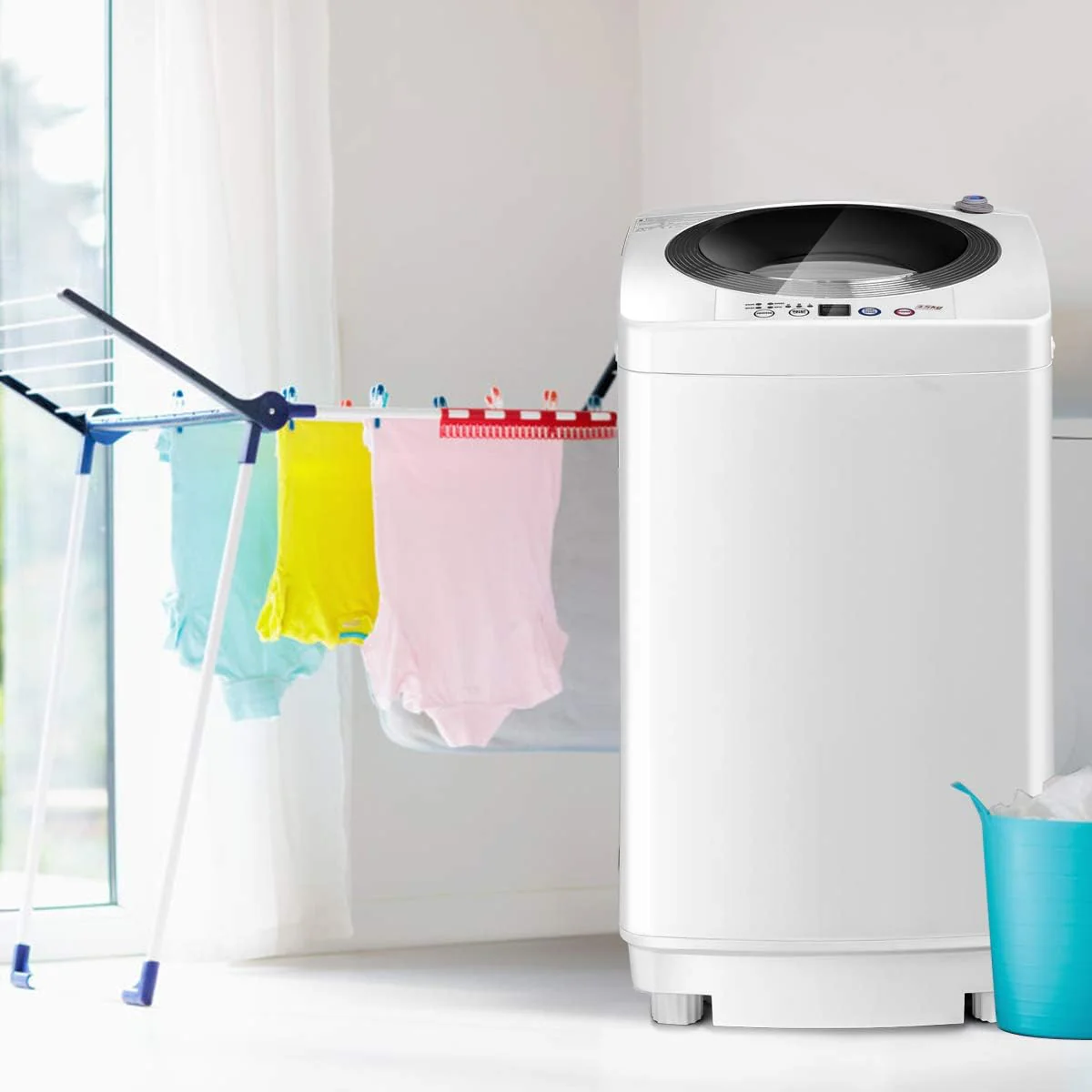 COSTWAY Mini Wasmachine 3,5KG, Volautomatische Wasmachine met Centrifuge, 6 Programma's, Bovenlader Wasmachine incl. Pomp, 240W Kleine Wasmachine voor Appartement, Camper & Camping