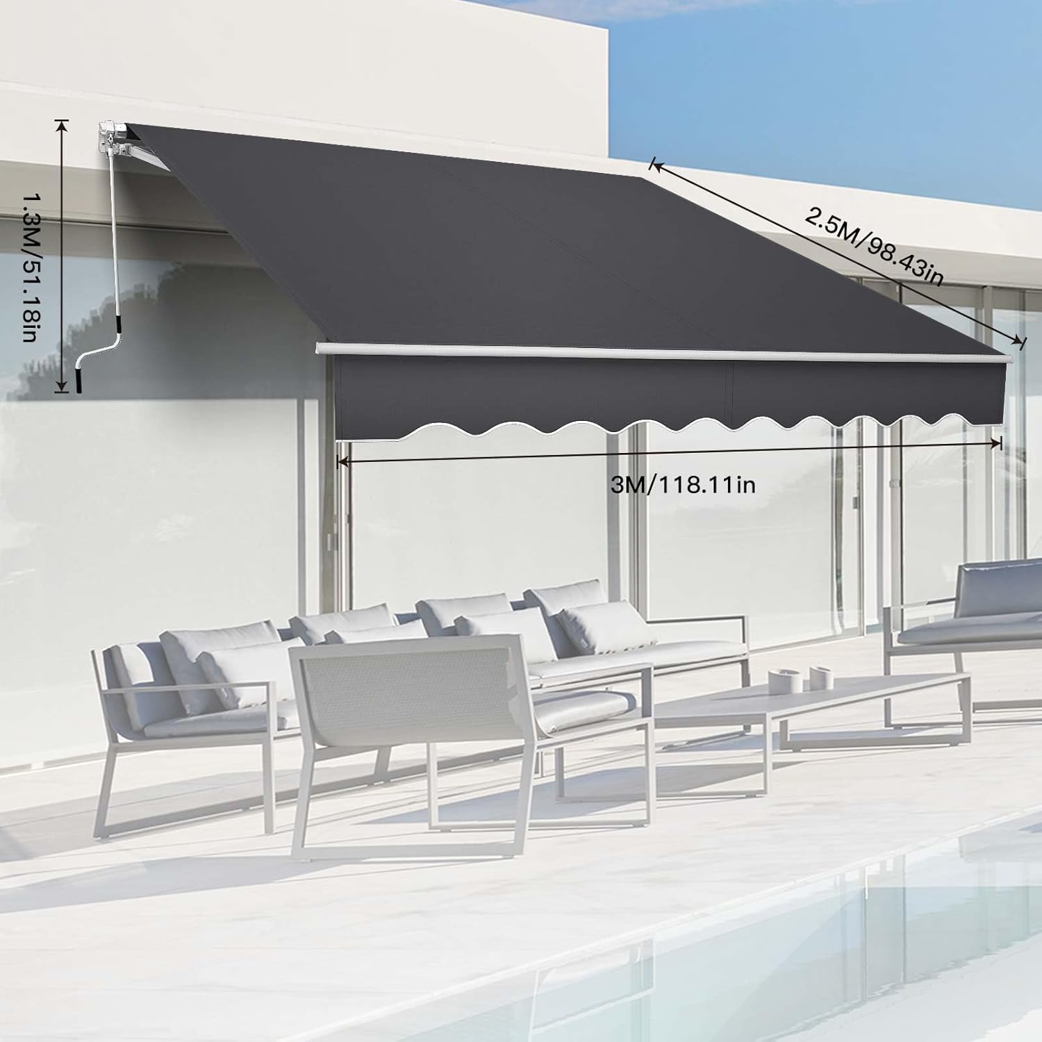 Gelenkarmmarkise 3m Sonnenschutz Markise für Balkon & Terrasse – Wasserabweisend, Robustes Markisentuch, Aluminiumrahmen – Höhenverstellbare Sonnenmarkise mit Handkurbel für optimalen Schatten
