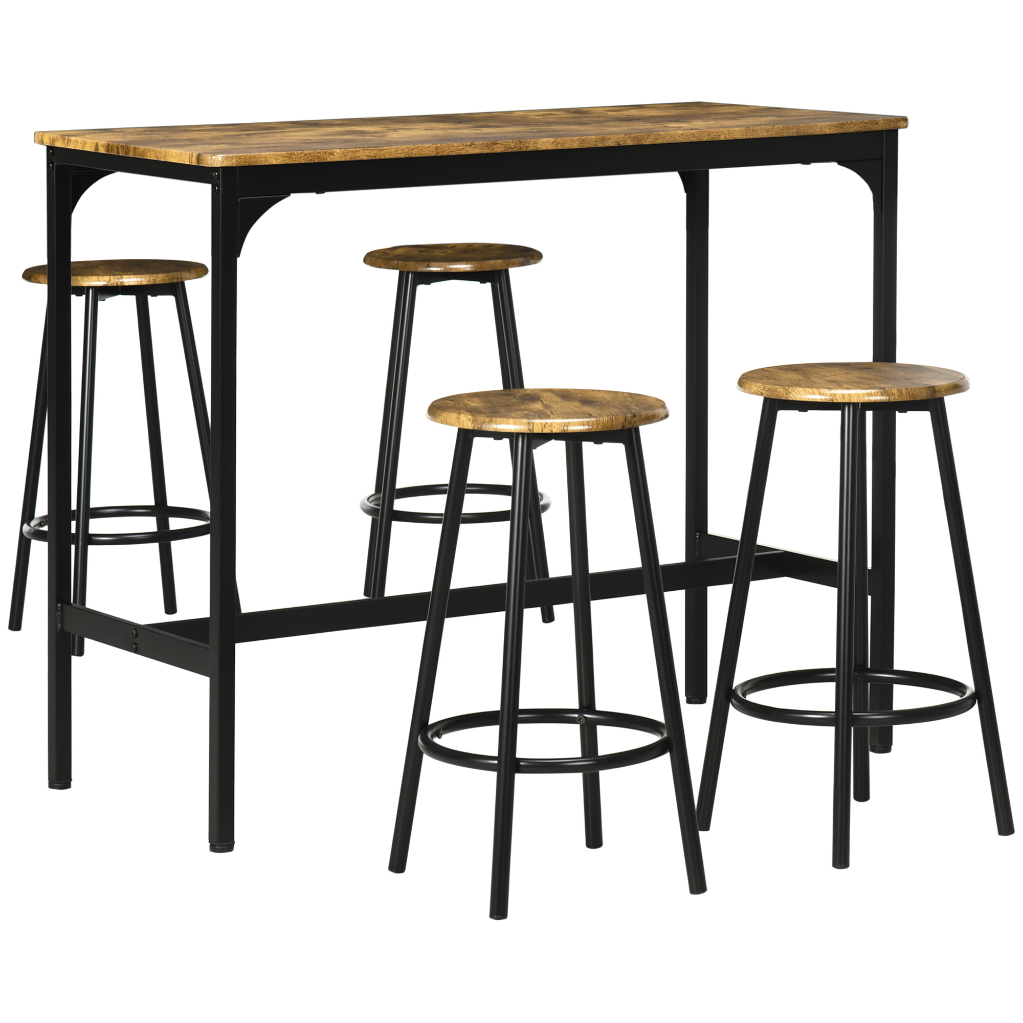 5-delig. Bartafelset met industrieel design, 1 bartafel, 4 barkrukken, bankstel, aanrecht, zwart+bruin