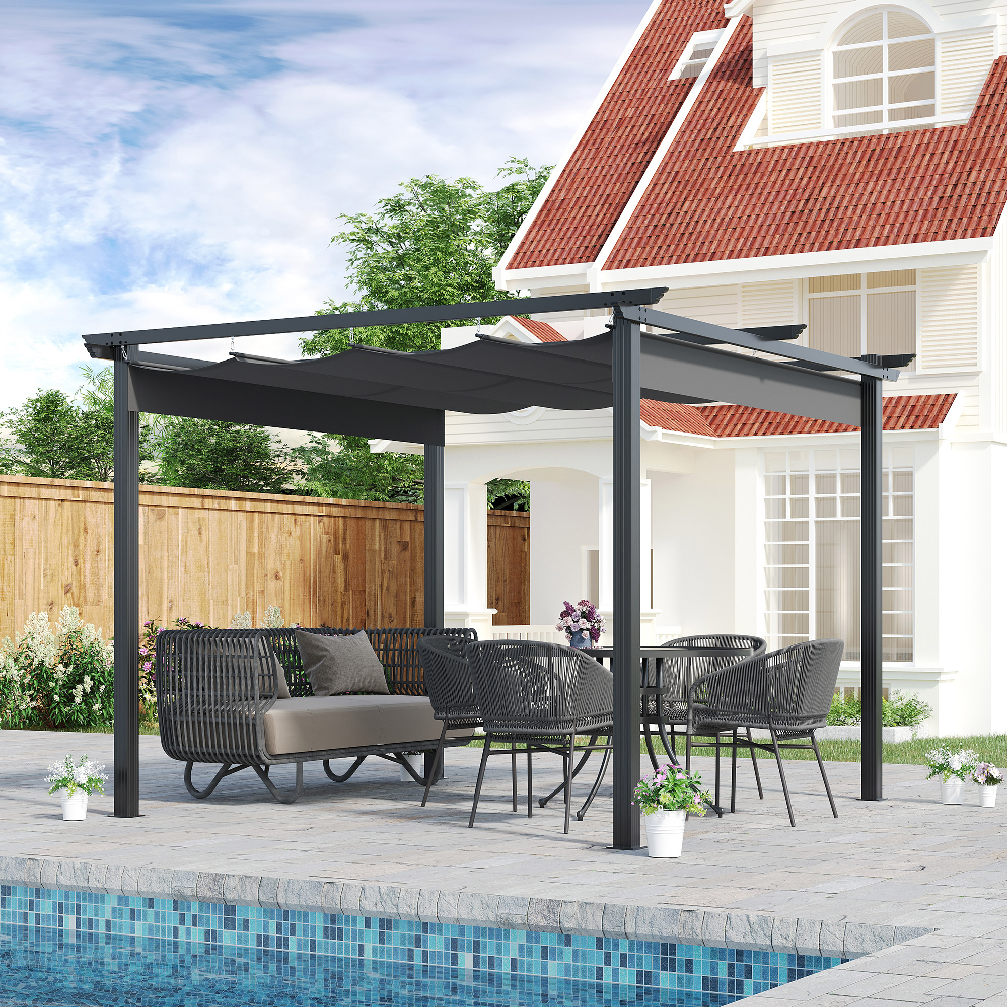 Pergola van   met verstelbare luifel aluminium grijs, zwart 3 x 3 m