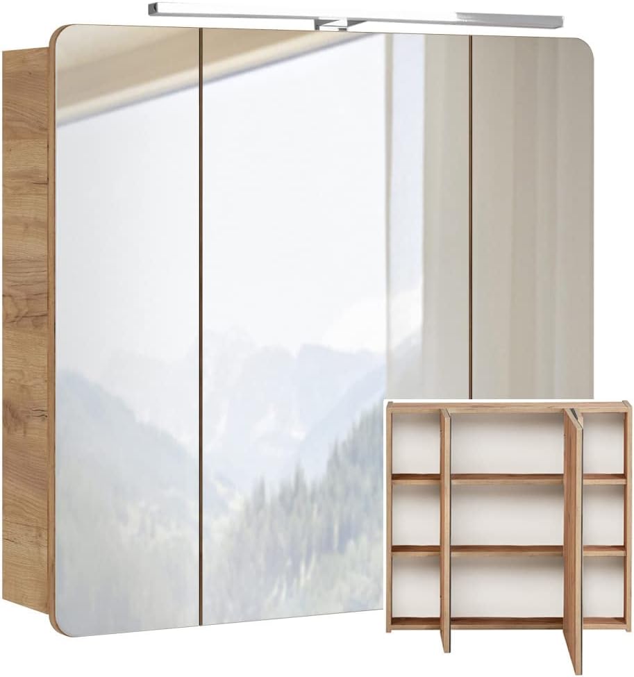Lomadox Badmöbel Set in Hochglanz weiß mit Wotan Eiche Nb., Keramik-Waschtisch mit 81 cm Unterschrank, LED-Spiegelschrank, Hängeschränke, Hochschrank