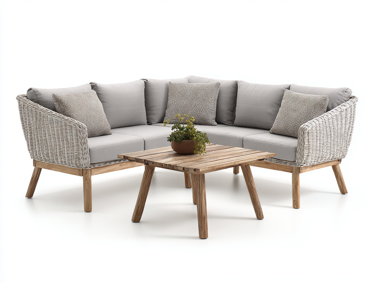Gartensofa Set Holz und Rattan 200x200x75 cm - Natur-Beige - Modernes Lounge Design mit Couchtisch für Garten und Terrasse
