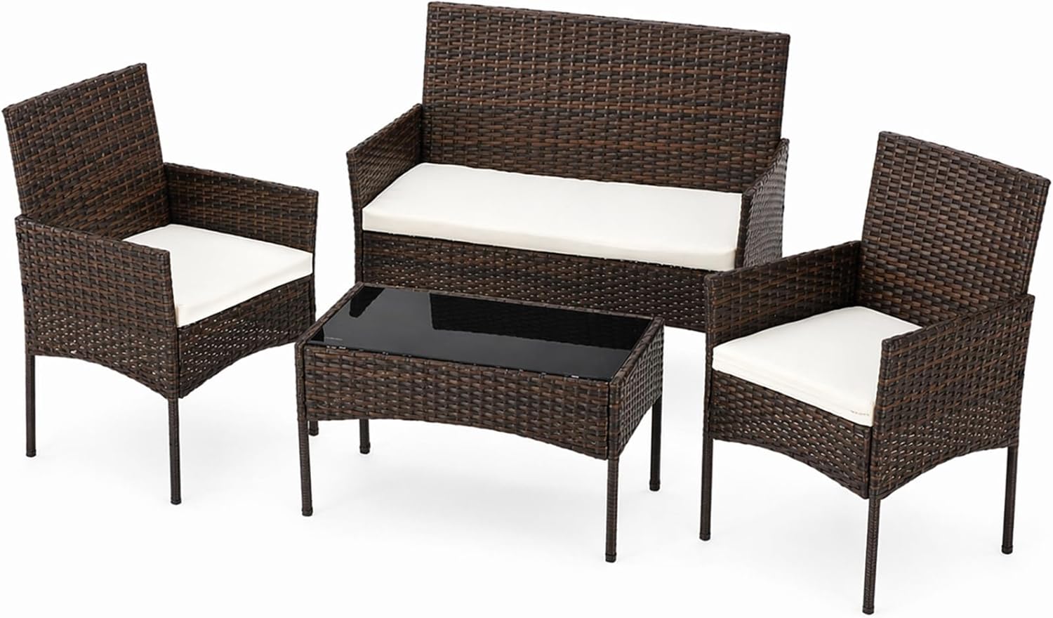 Sweetcrispy 4-Piece Patio Furniture Set, Weather-Resistant PE Rattan Wicker Outdoor Conversation Set with Tempered Glass Tabletop, Durable Outdoor Seating for Garden, Backyard, Porch, Deck, Brown