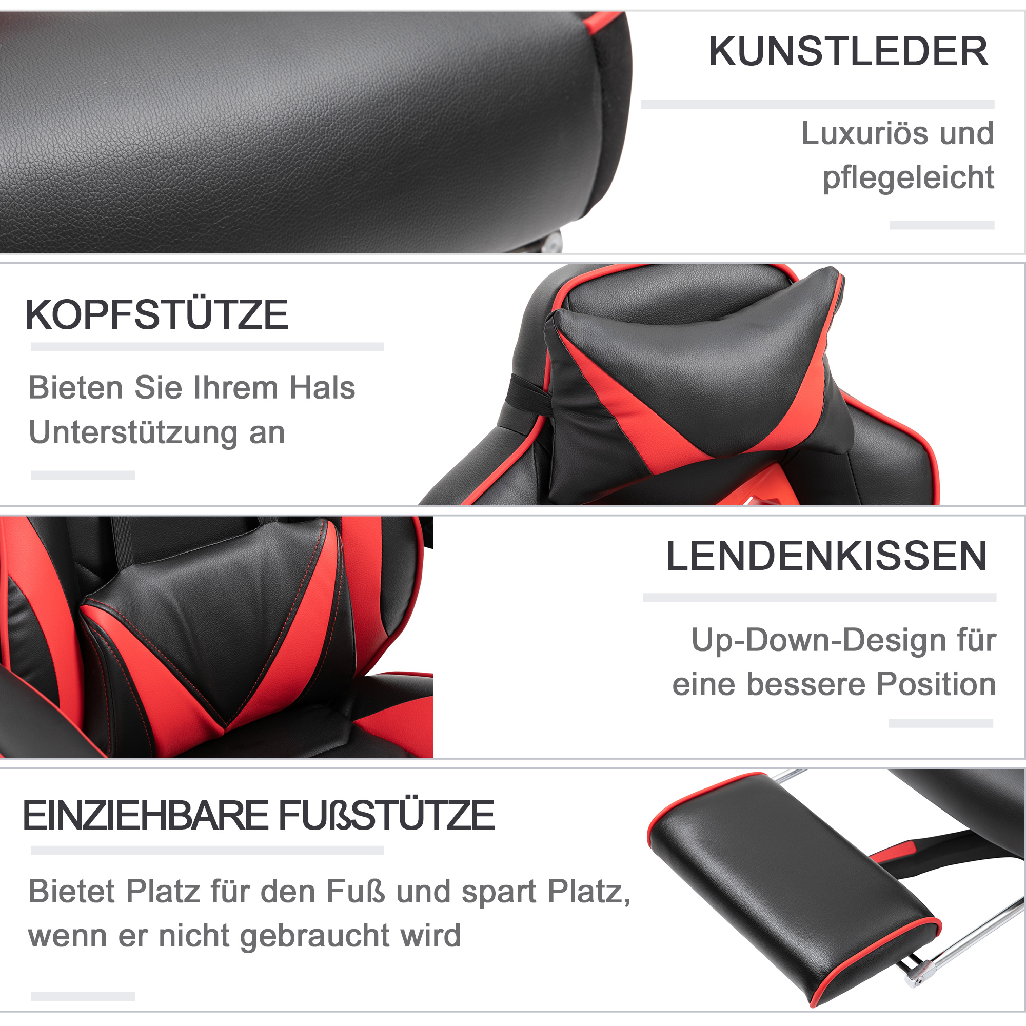 Vinsetto Ergonomische Gamingstoel met Racestijl - Uitschuifbare Voetsteun, Zwart+Rood