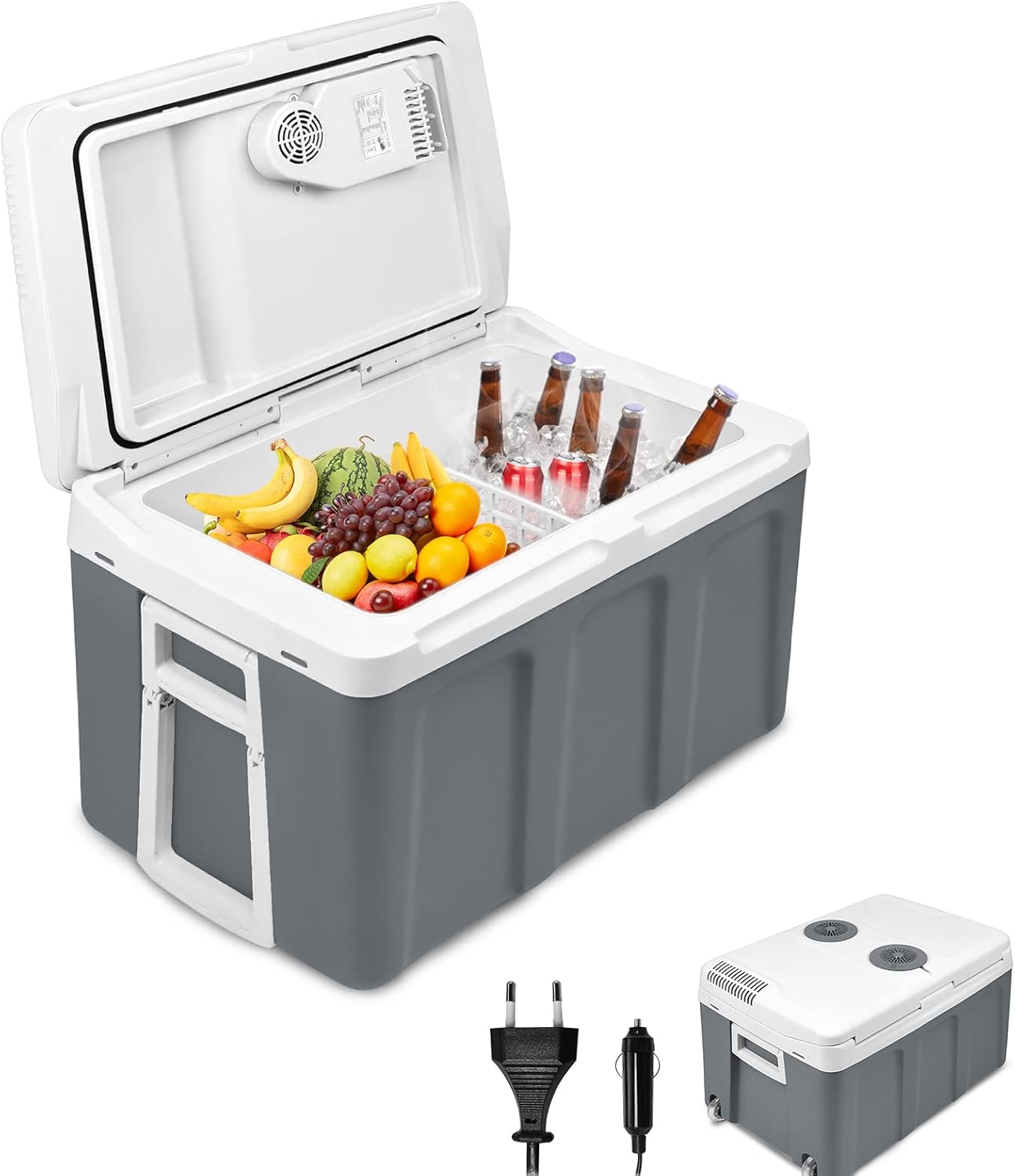 AufuN 48L Kühlbox mit Rollen, zum Warmhalten und Kühlen, Mini-Kühlschrank, 12 V und 230 V für Auto, Lkw, Boot, Reisemobil und Steckdose, mit ECO Modus(Grau)