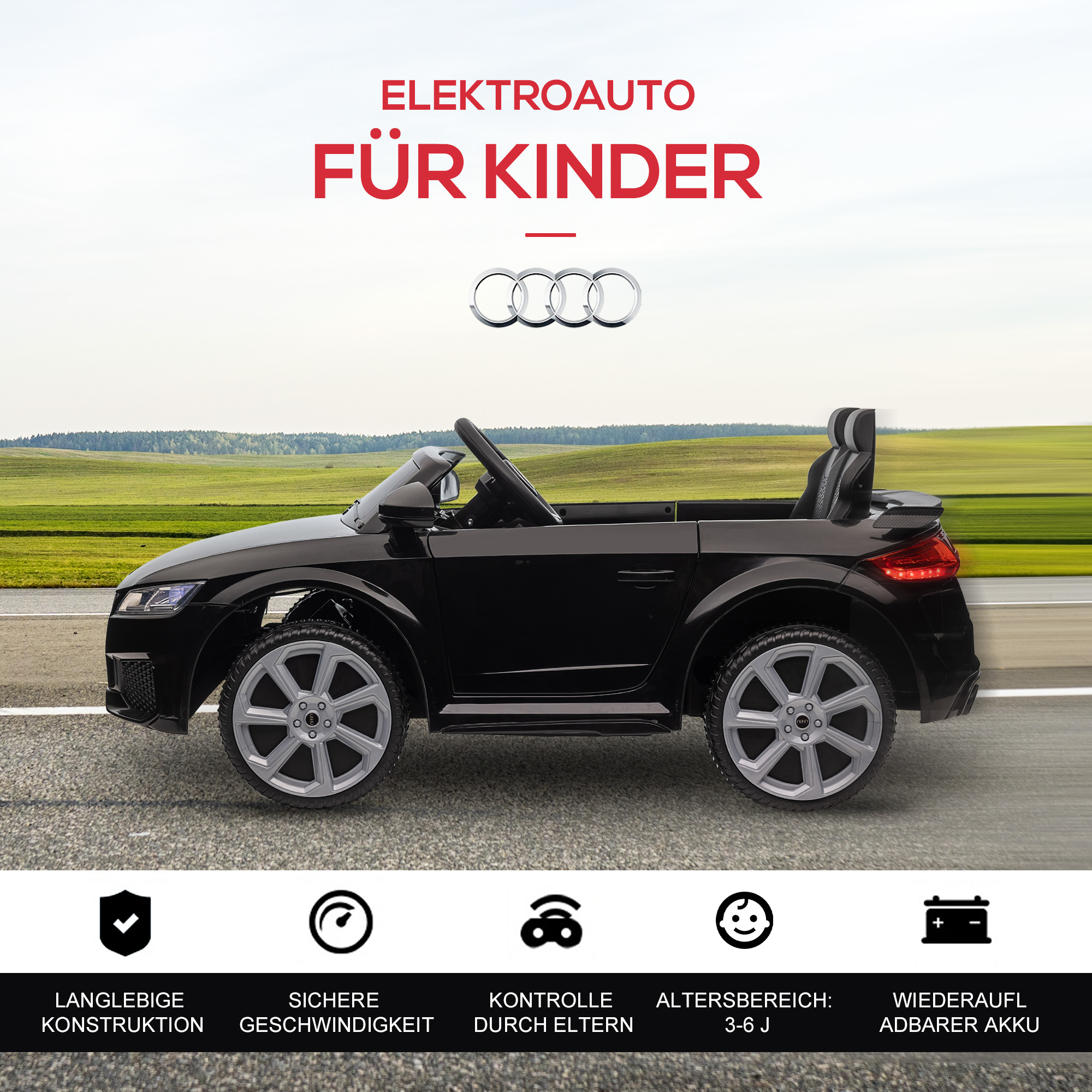 Kinder-Elektrische Auto, Audi TT RS Roadster, 3 km/u, Afstandsbediening, LED, USB, Zwart