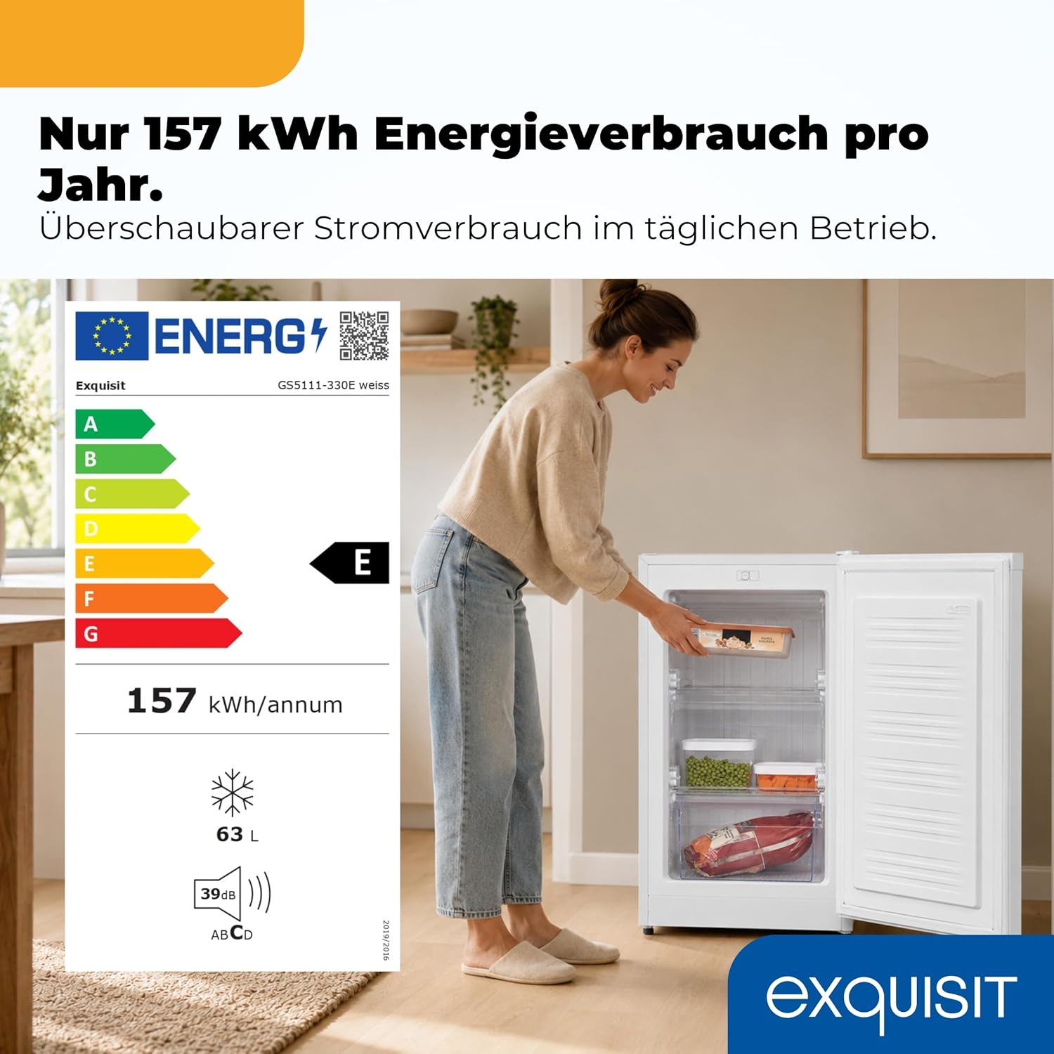 Exquisit Gefrierschrank | 63 l Nutzinhalt, Energieeffizienzklasse E, 39 dB(A) | kompakte Bauform, 4-Sterne-Gefrieren, manuelle Temperaturregelung, wechselbarer Türanschlag | GS5111-330E weiss