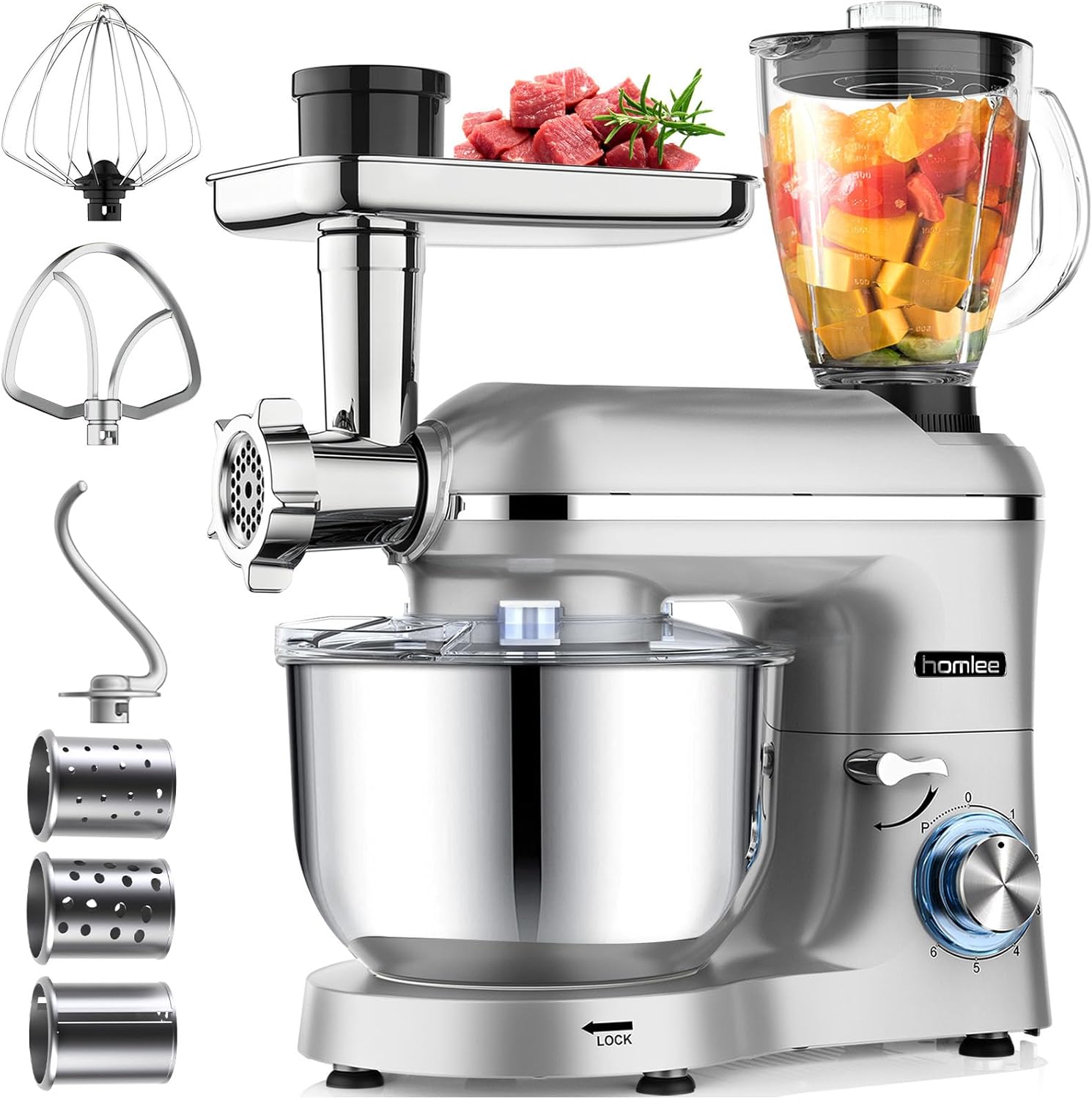 Homlee 3 in 1 Küchenmaschine 1800W Multifunktionale Knetmaschine 6-stufige Gescheindigkeit Mixer, mit Fleischwolf, 1.5L Saftpresse, 5.5L Edelstahlschüssel Teigmaschin