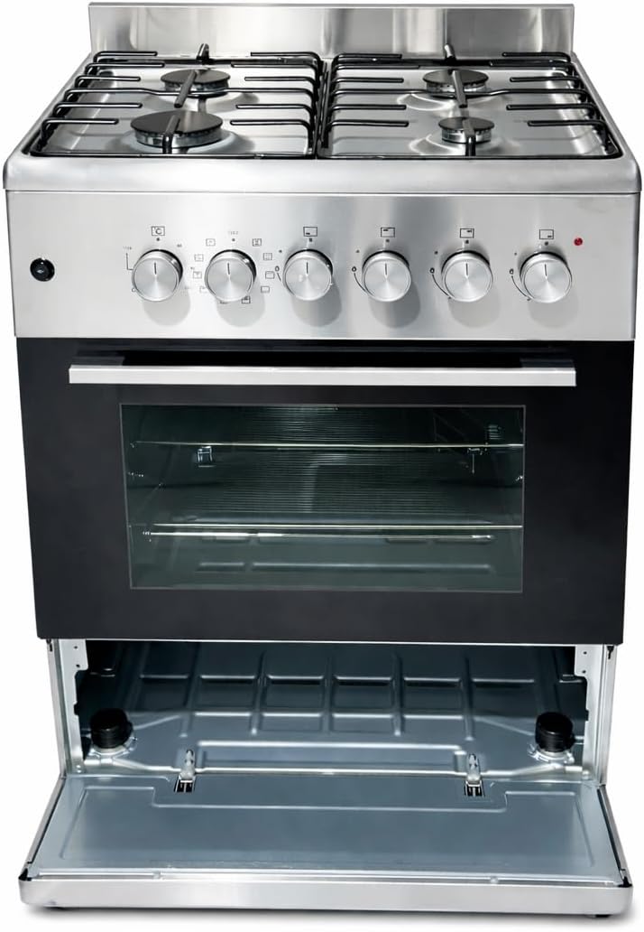 Gasline SHGE6060INX Standherd 60 cm Edelstahl mit Elektrobackofen, 4-flammigem Gaskochfeld, Grill und Drehspieß, elektrischer Zündung, Thermosicherung, für Erdgas und Flüssiggas geeignet