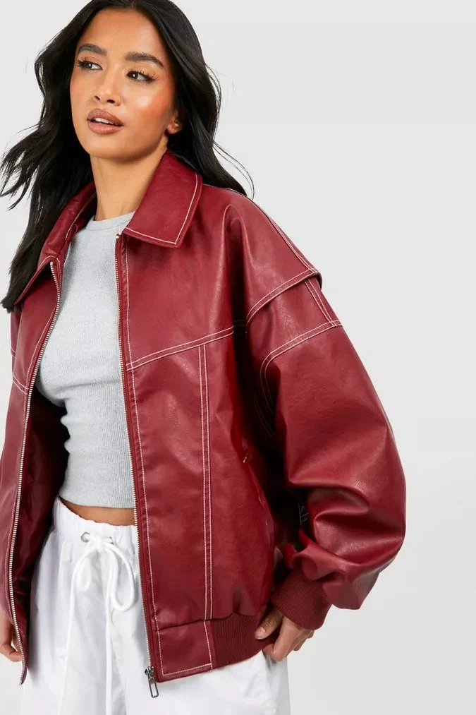 Damen Bomberjacke im Oversized Look aus hochwertigem Kunstleder - Weiche ��bergangsjacke in Lederoptik f��r moderne Outfits
