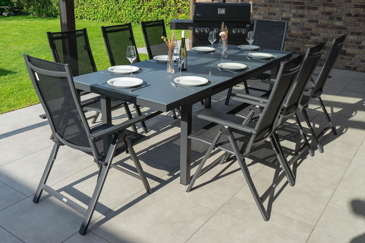 OUTFLEXX Premium Garten-Essgruppe, anthrazit matt, Alu/Textilene, Tisch 180/240x100cm, 8 Klappstühle