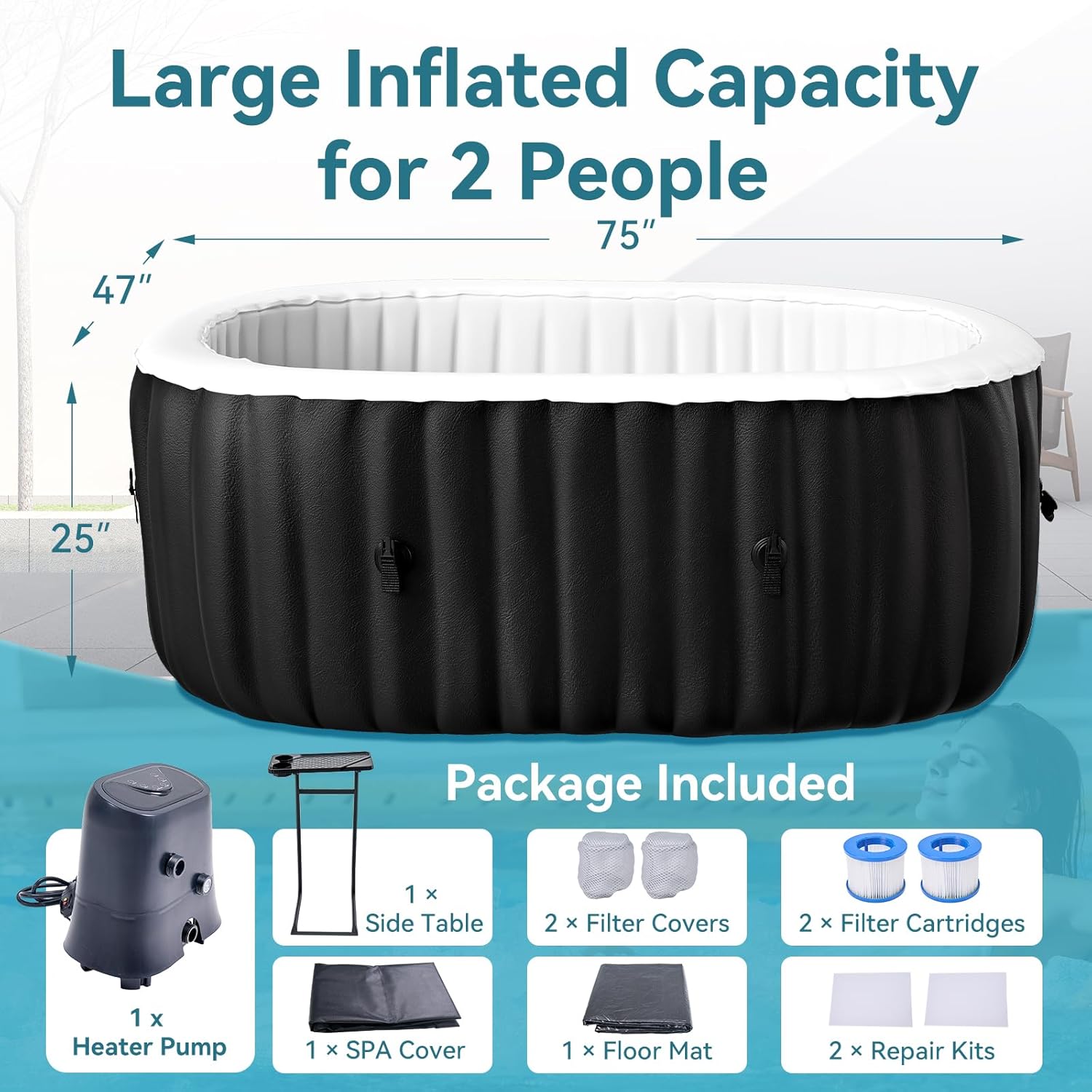 Hot Tub Aufblasbar für 2 Personen Mit LED, 2400W In/Outdoor SPA Pool Winterfest Mit 100 LuftdüSen, Frostschutz, 550 Liter, Auslaufsichere, Energiesparend, Bubble Spa & Wellness Massage