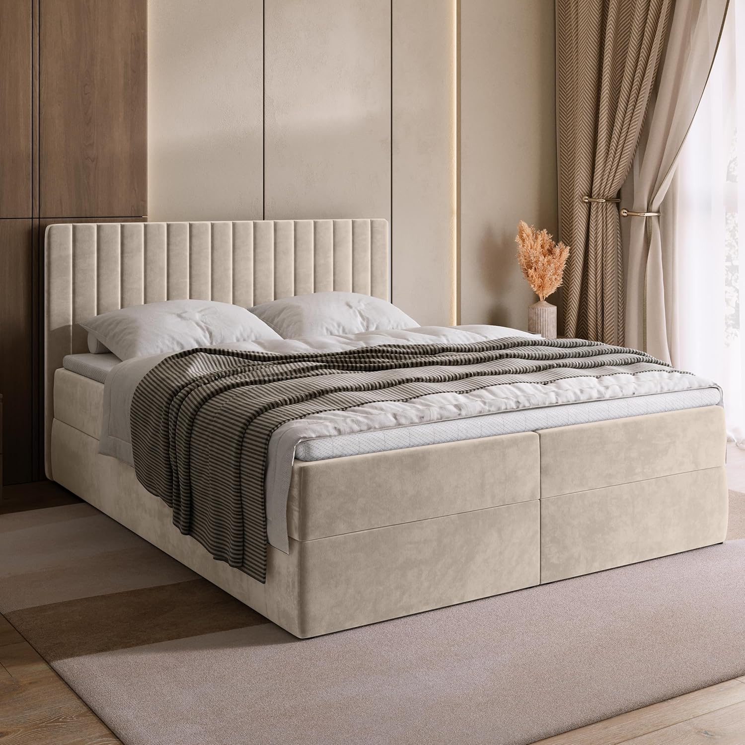 BROMARKT Boxspringbett mit Bettkasten Polsterbett mit Bonell-Matratze und Topper Doppelbett mit Stauraum Bett für Schlafzimmer gepolstertes Kopfteil Dream 160x200 Härtegrad H3 Samtstoff Beige