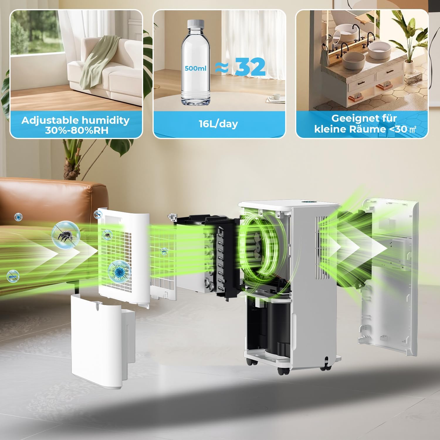 Luftentfeuchter, Luftentfeuchter Elektrisch 16L/24h, Raumgröße ca.75m³(25m²), Leiser Entfeuchter Elektrisch, 24H Timer, Wassertank 2L, Raumentfeuchter für Keller, Wohnung, Wohnzimmer