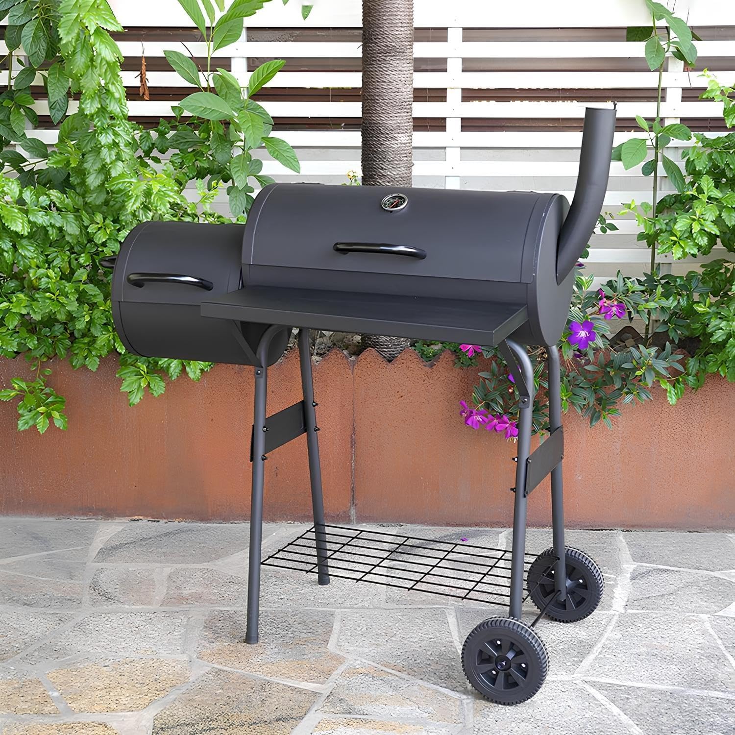 XXL grill na węgiel drzewny, przenośny, do użytku na zewnątrz, z pokrywką, offset, grill z kółkami i termometrem, idealny na piknik, do ogrodu, na kemping i tylną klapę