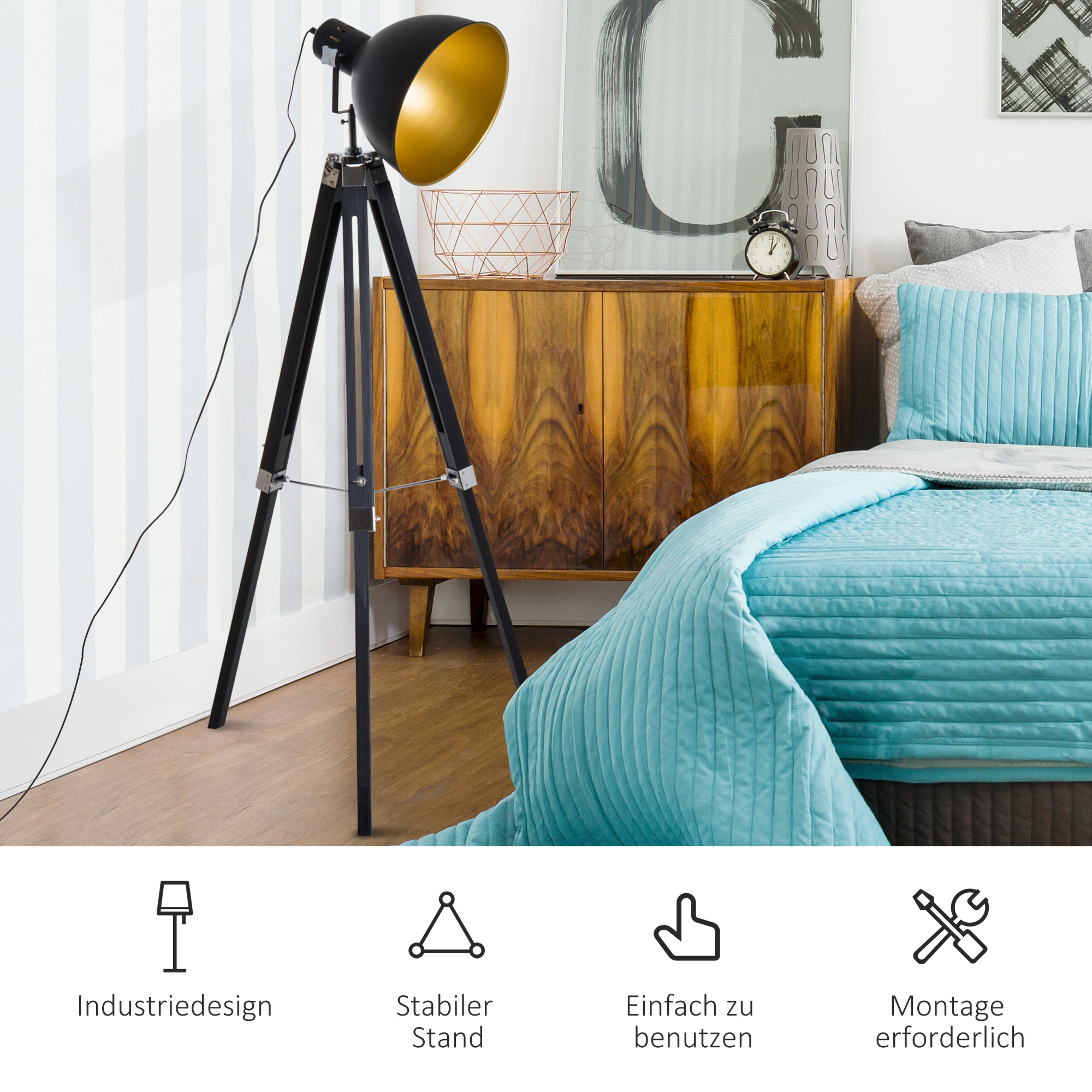 ? staande lamp driepoot vloerlamp in hoogte verstelbaar 108-152 cm E27 industri?le zwarte vloerlamp grenen goud 65 l x 65 b x 152 h cm