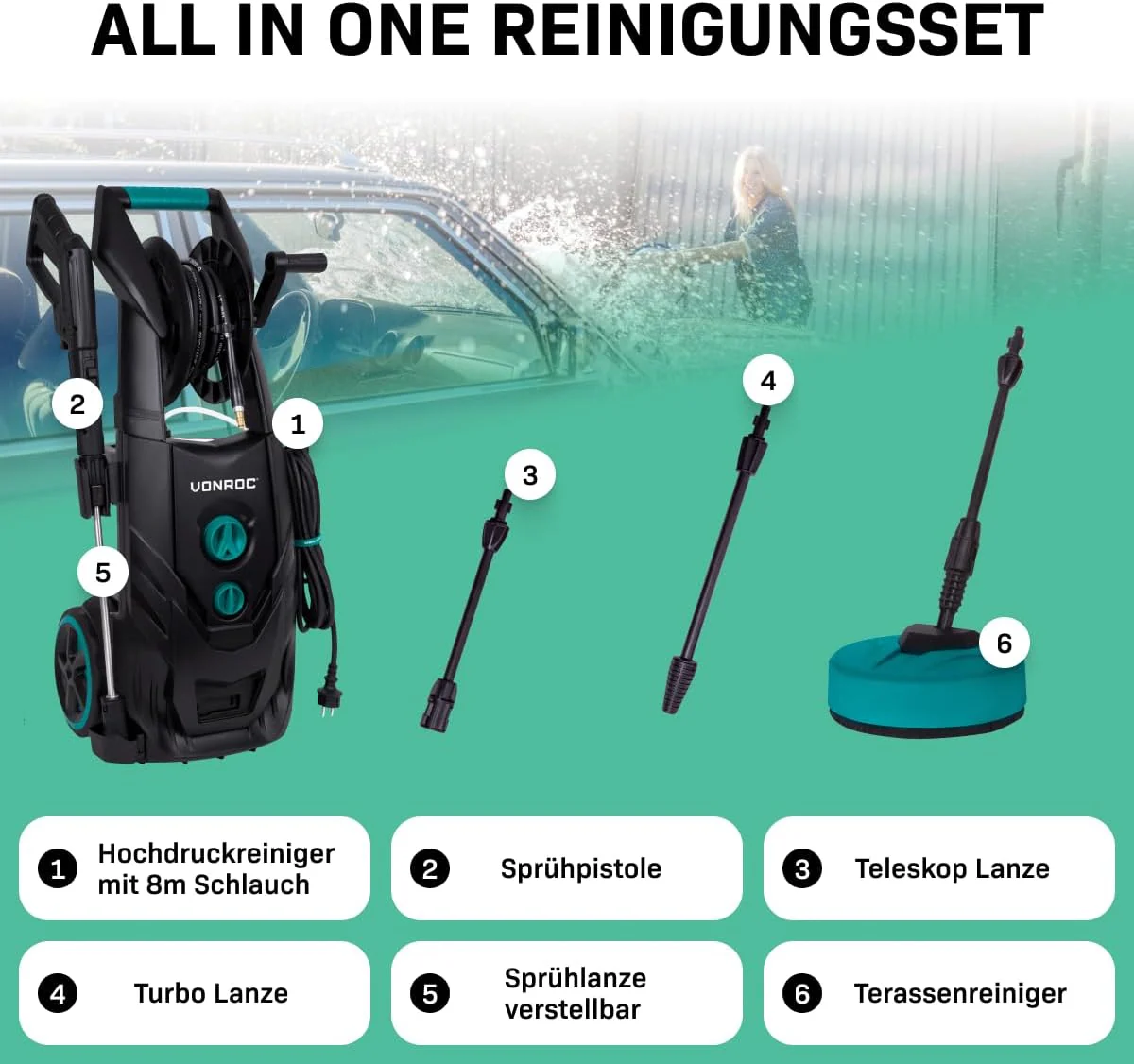 VONROC Professionele hogedrukreiniger 195bar - Gevelreiniger voor zware reinigingswerkzaamheden [2500W] - Hoge wateropbrengst [468 l/u] Reinigingstank, Aluminium Pomp - incl. Terrasreiniger