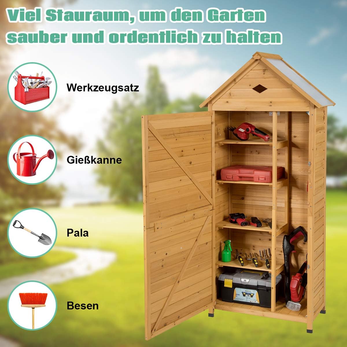 COSTWAY Gartenschrank Holz, Geräteschuppen mit 5 Regalböden und Satteldach, Outdoor Schrank Wetterfest, Geräteschrank Balkonschrank für den außenbereich Garten Balkon (80 x 45 x 177 cm)