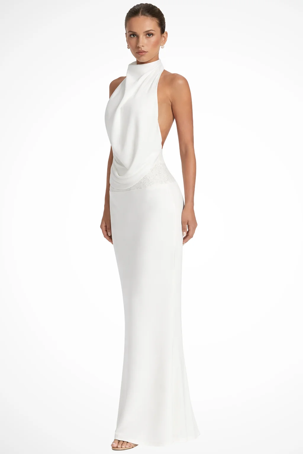 Halterneck Maxikleid aus Satin f��r Damen | Elegantes Abendkleid mit R��ckenausschnitt und Drapierung f��r Hochzeitsg?ste