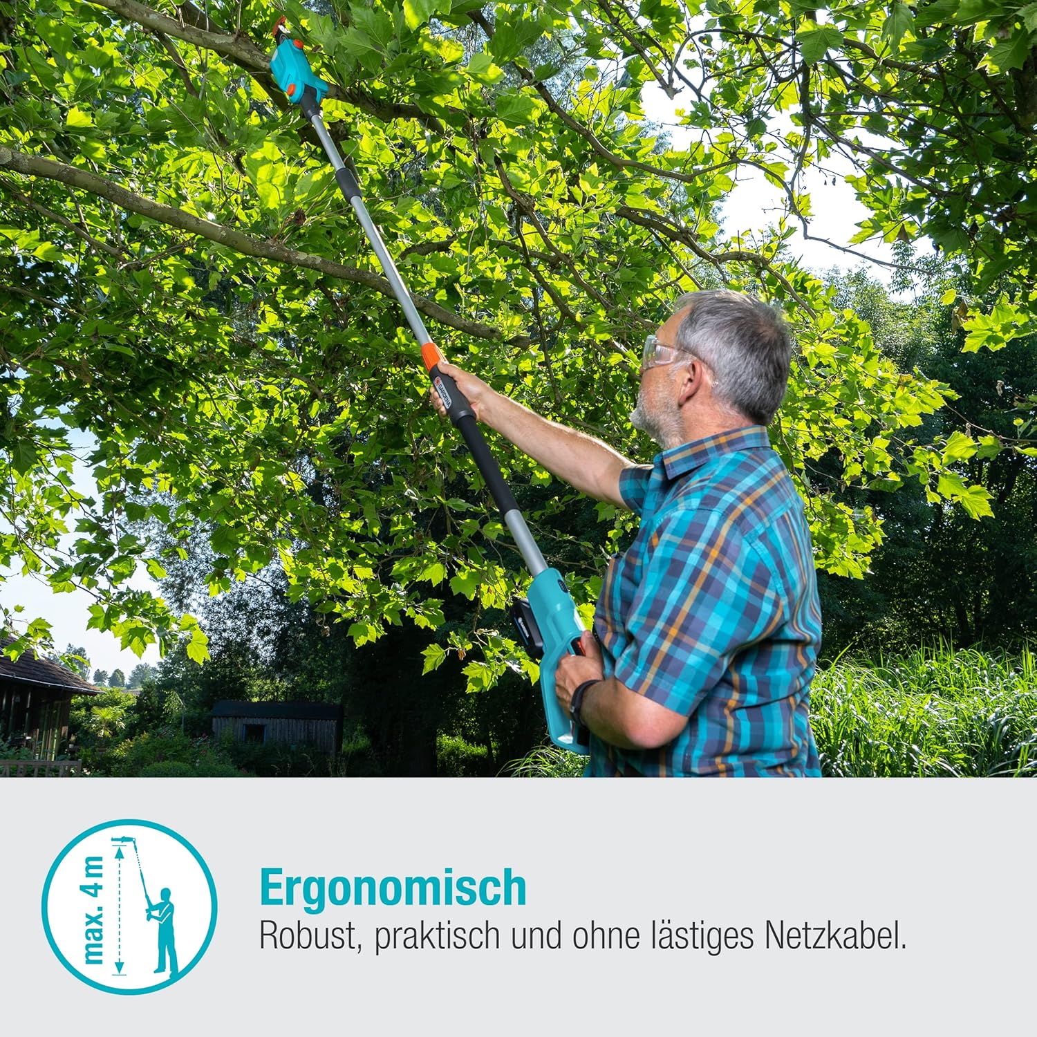 Gardena Akku-Teleskop-Hochentaster TCS 20/18V P4A Ready-To-Use Set: Astsäge für bis zu 4 m Reichweite, 20 cm Schwertlänge, abwinkelbarer Kopf, inkl. 18V P4A Akku & Tragegurt (14770-20)