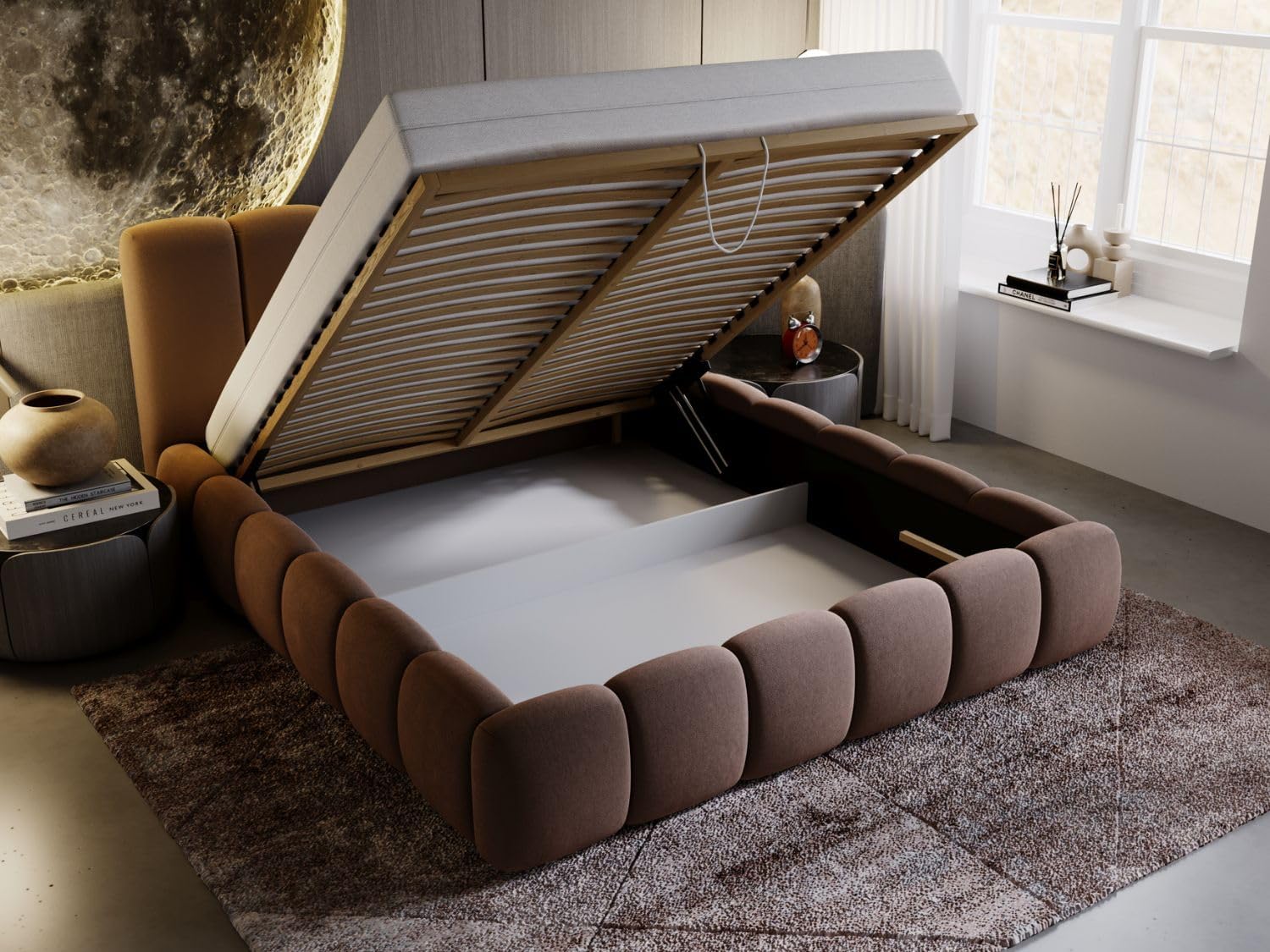 GRAINGOLD Cloud Bett 140x200, Polsterbett mit Bettkasten, Polsterbett mit Stauraum, Samt, mit Lattenrost, mit Kopfteil, ohne Matratze (Braun, 140x200)