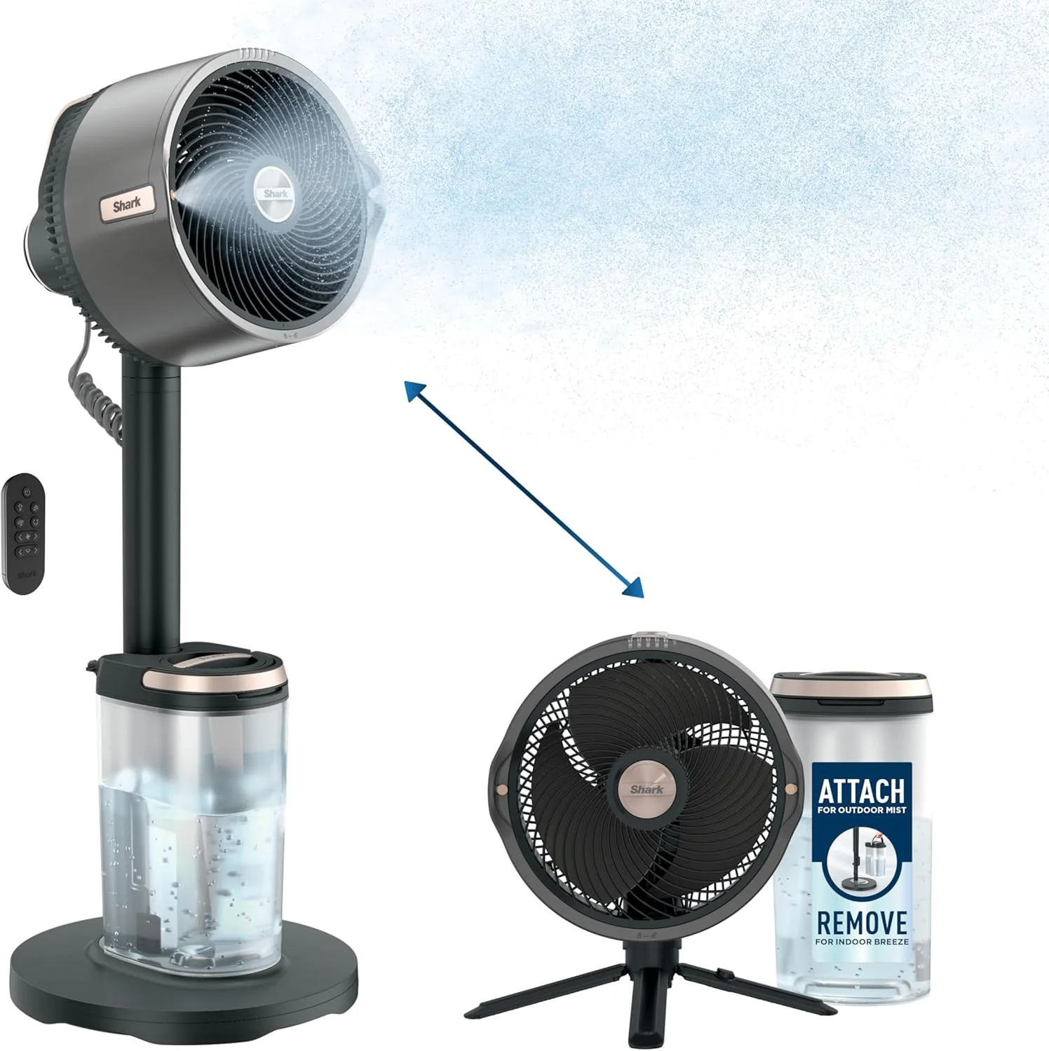 Shark FlexBreeze Pro Nevelventilator �C binnen & buiten, ge?ntegreerde nevel, voet op tafelblad, met of zonder snoer, tot 24 uur batterij, oscillerend, antraciet, FA302 (versie 2025)