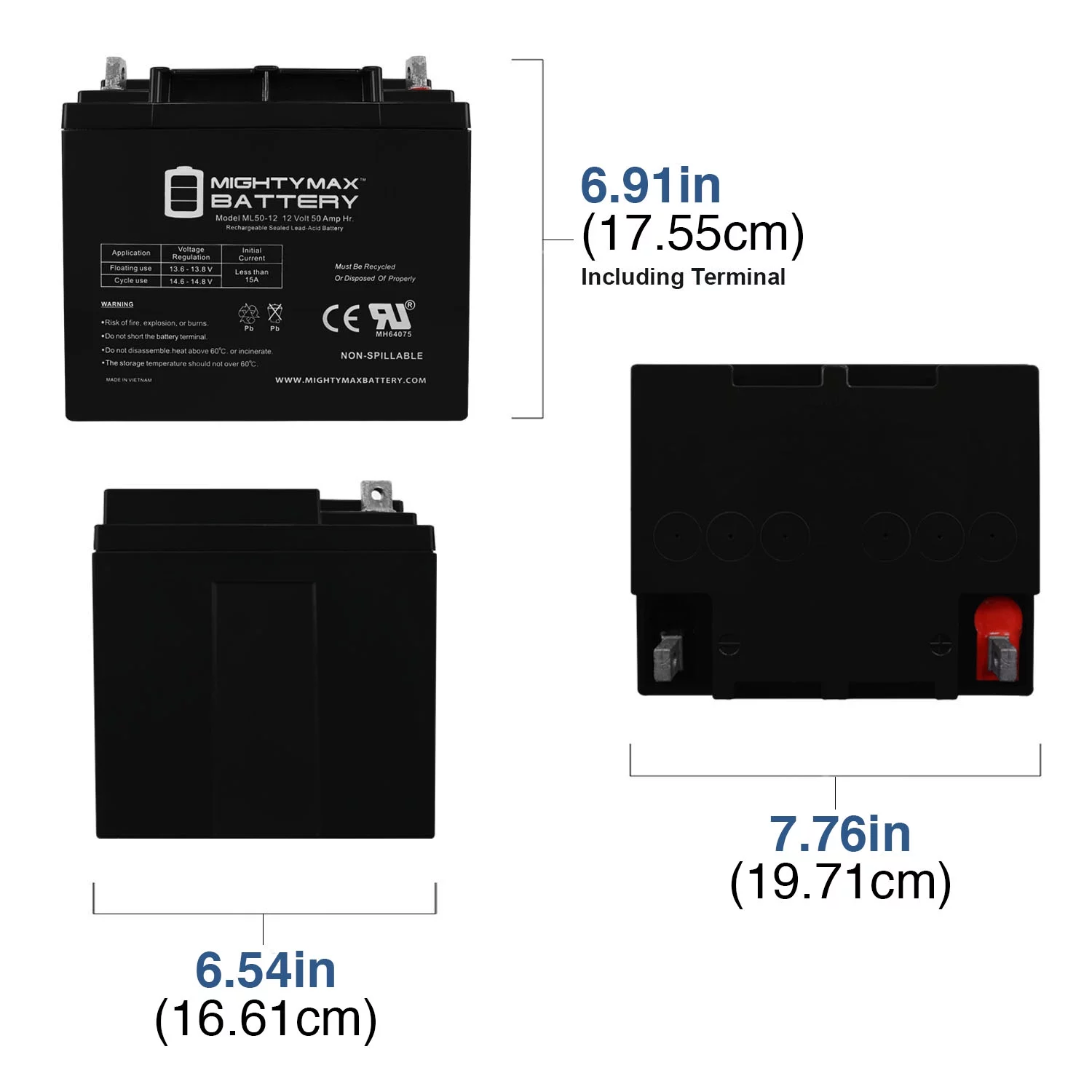 12 V 50 Ah Vervangingsbatterij voor Heartway Mystere PF5 en Forsa H10ML50-12 SLA, 12V 50AH gesloten loodzuur (SLA) onderhoudsvrije accu met UL-certificering.