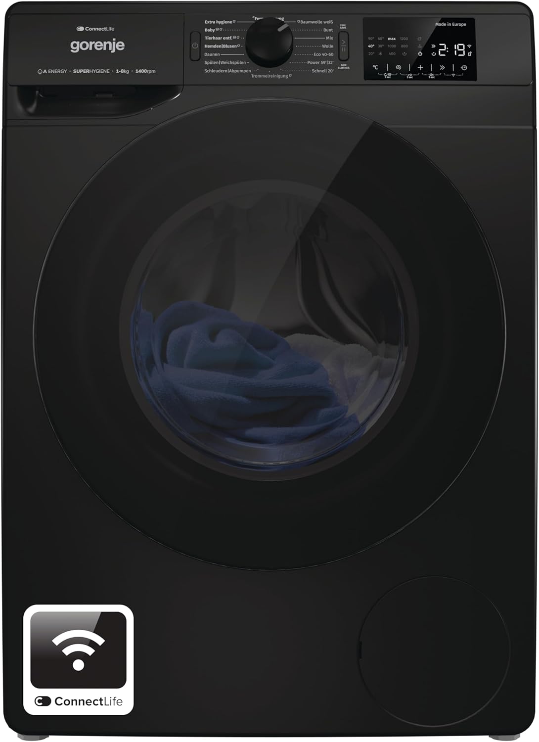 Gorenje WPNEI84A1DTSB Waschmaschine mit Dampffunktion/ConnectLife / 8Kg / 1400 U/min / 15 Programme/Totaler AquaStop/Wave Active Trommel/ExtraHygiene/PowerWash/Schnell Waschgang/EEK: A-10%