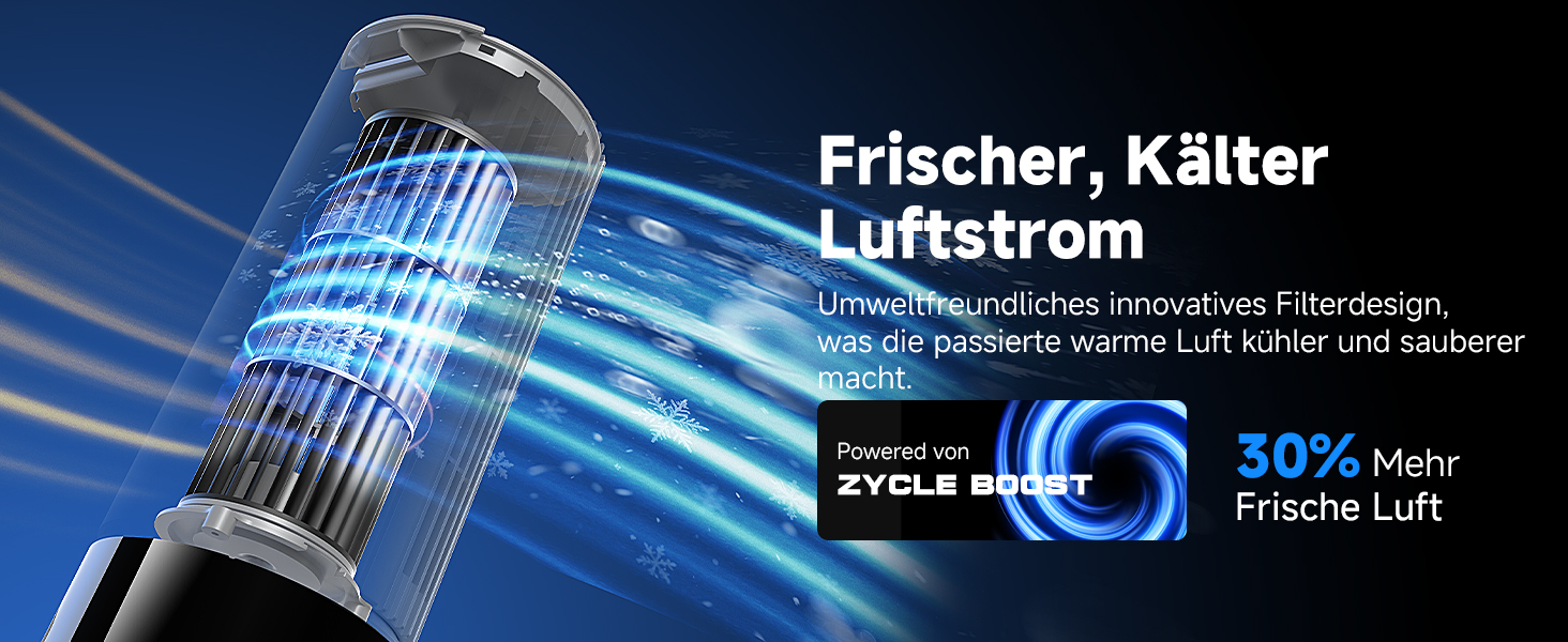 Der Text lautet „Frischer, Kälter Luftstrom“ und „50% hiermee“. Das Bild zeigt ein modernes Wasserfilter- oder Kühlsystem mit zylindrischem Filterelement und blauem Markengerät vor architektonischem Hintergrund.