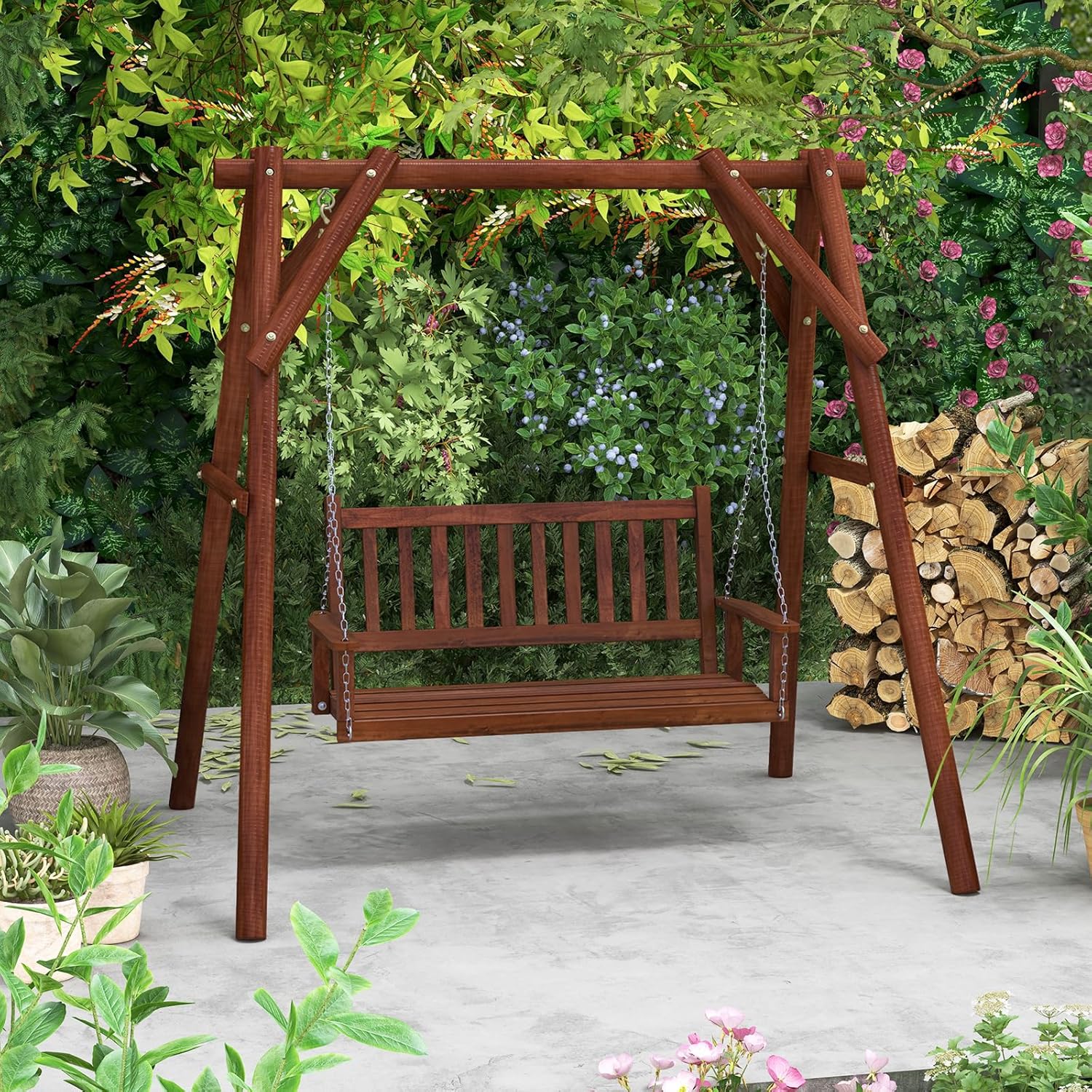 COSTWAY Hängebank aus Massivholz, 3-Sitzer Gartenschaukel zum Aufhängen, Hollywoodschaukel bis 360 kg belastbar, Outdoor-Schaukelbank für Terrasse, Garten, Hof, Braun, 168 x 65 x 63 cm