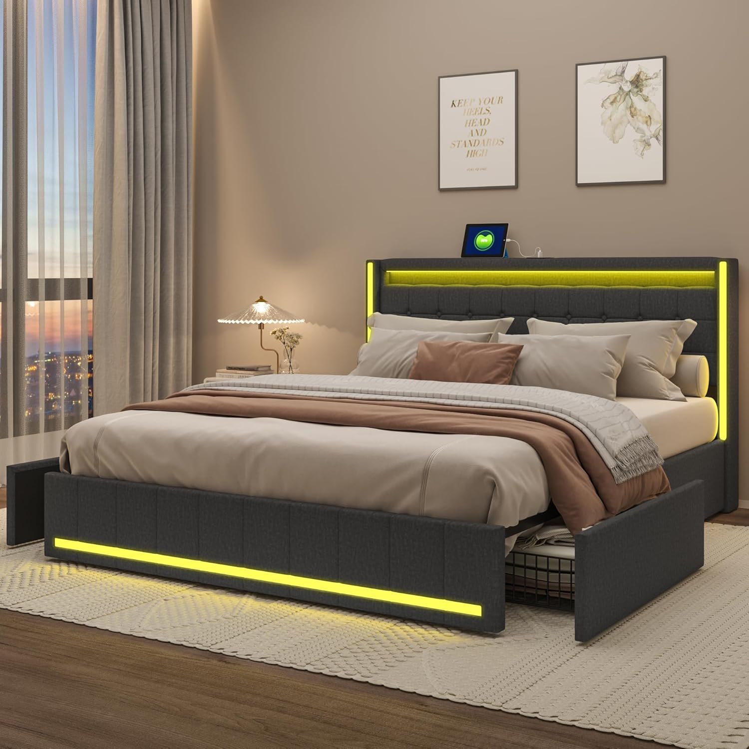 Polsterbett 180x200 mit Stauraum, Doppelbett mit LED und USB, Jugendbett mit 4 Schubladen, Bettgestell mit Kopfteil und Lattenrost, Leinen (Grau, 180 x 200 cm)